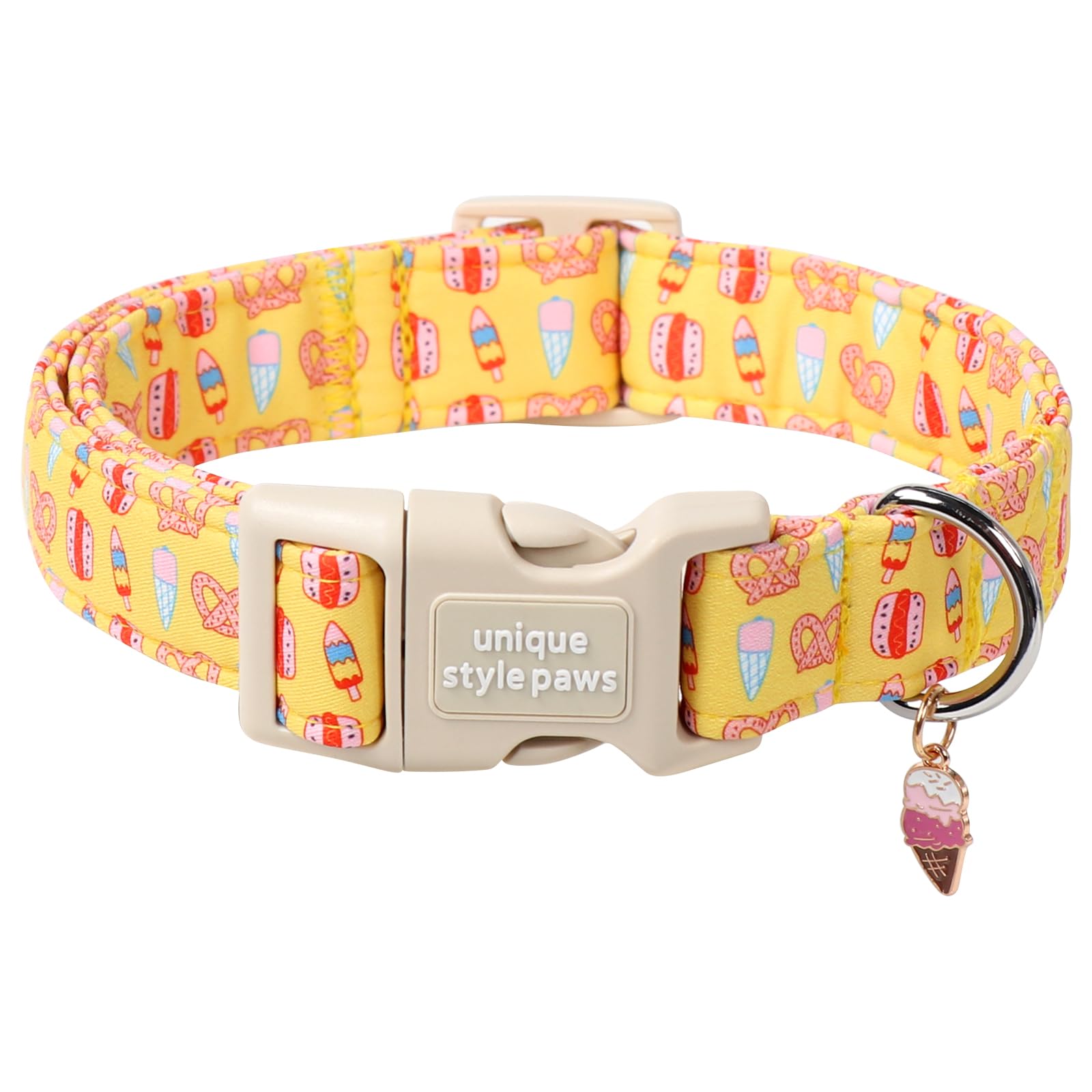 Unique Style Paws Summer Dog Collar,Yellow Dog Collars With Hamburg,Icecream,Bread Pattern,Adjustable Puppy Collar For Small,Med