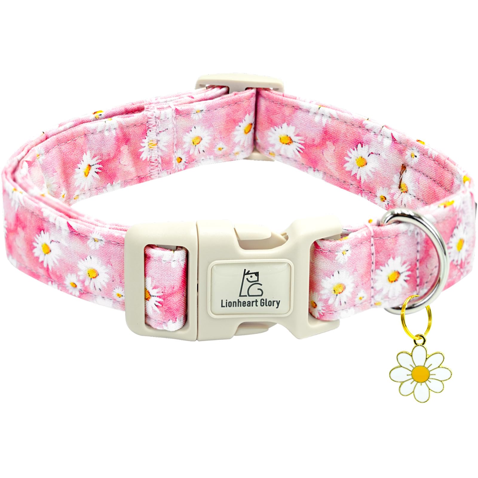 Lionheart Glory Dog Collar-Pink Floral Pattern Dog Collar Cute Flower Dog Collars Female Heavy Duty Adjustable Collars For Large