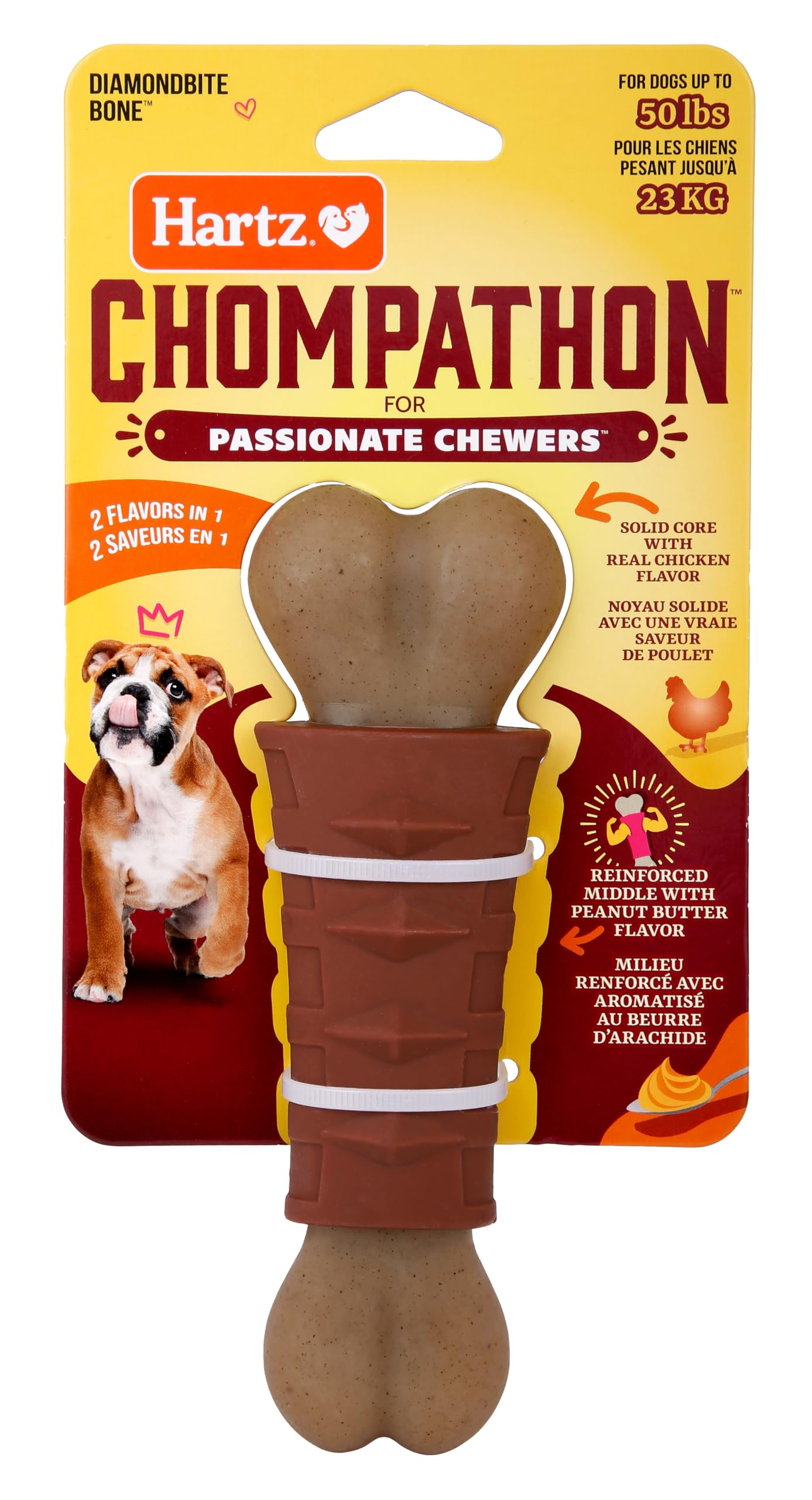 Hartz Chompathon Diamondbite Bone Dog Chew Toy for Aggressive Chewers, Double Layered Flavored with Chicken & Peanut Butter