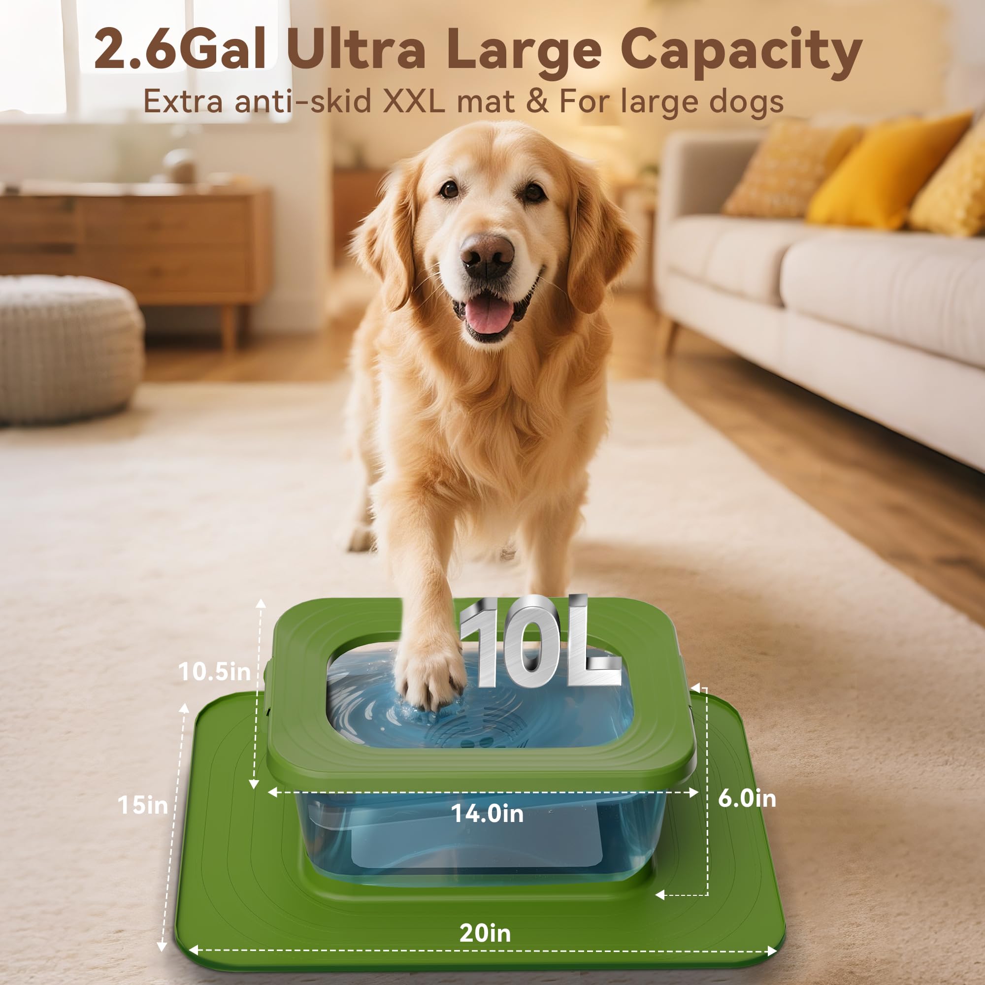 Twinsing 10L No Spill Dog Water Bowl, 2.6 Gal Stainless Steel No Splash Large Dog Water Bowl With Non-Slip Silicone Mat, Spill P