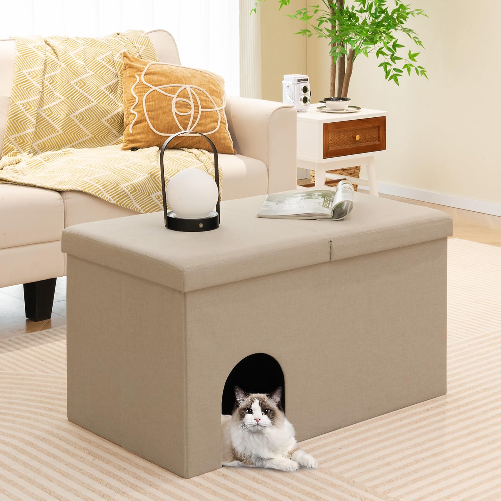 Tangkula Cat Litter Box Enclosure, Hidden Litter Box Furniture Ottoman With Urine Proof Litter Mat, Flip-Up Lid, Dog Proof Cat W