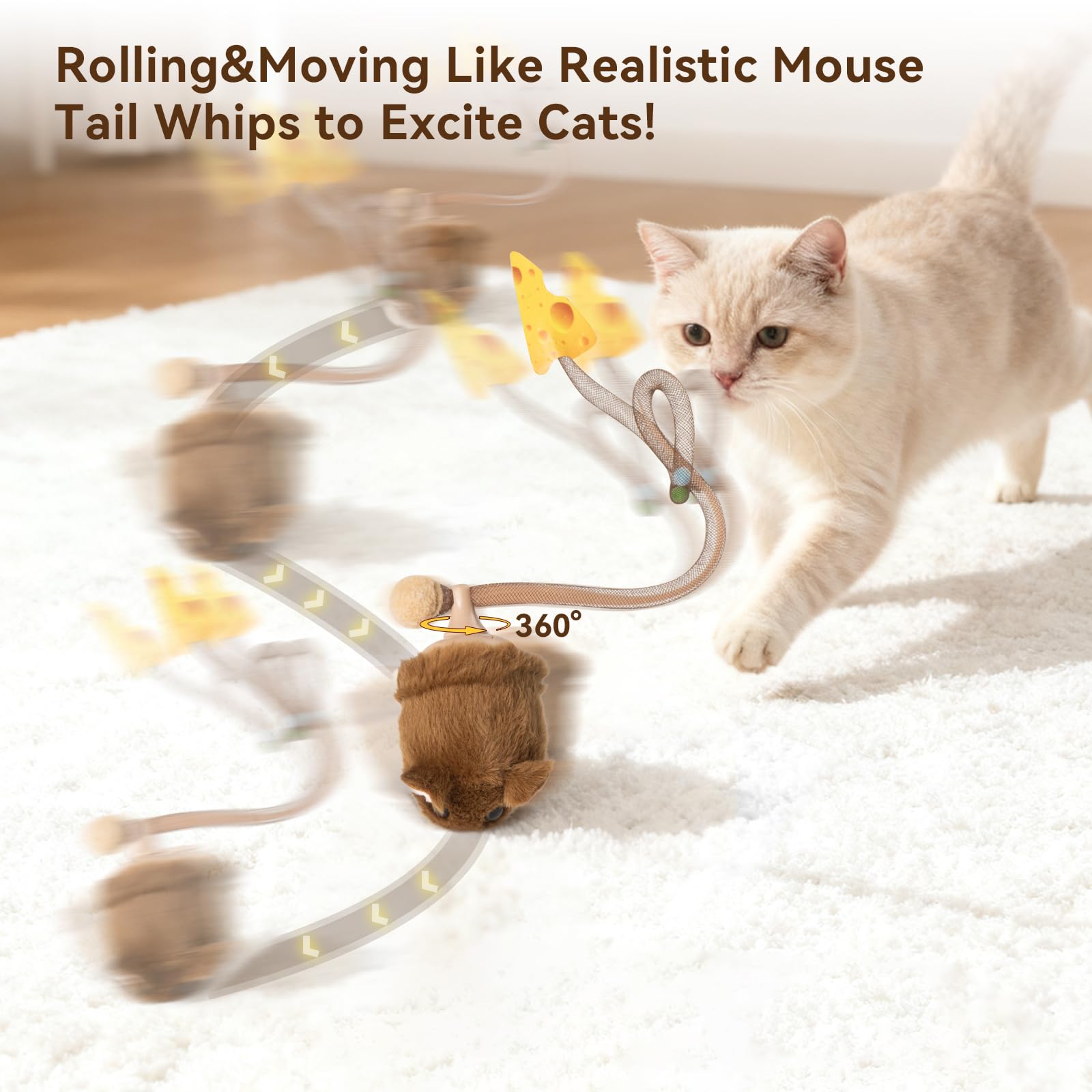 Migipaws Interactive MigiMouse Cat Toy 360 Rolling & Spin with Wiggling Tail for Indoor Cats Smart Motion Sensor, Realistic Sque
