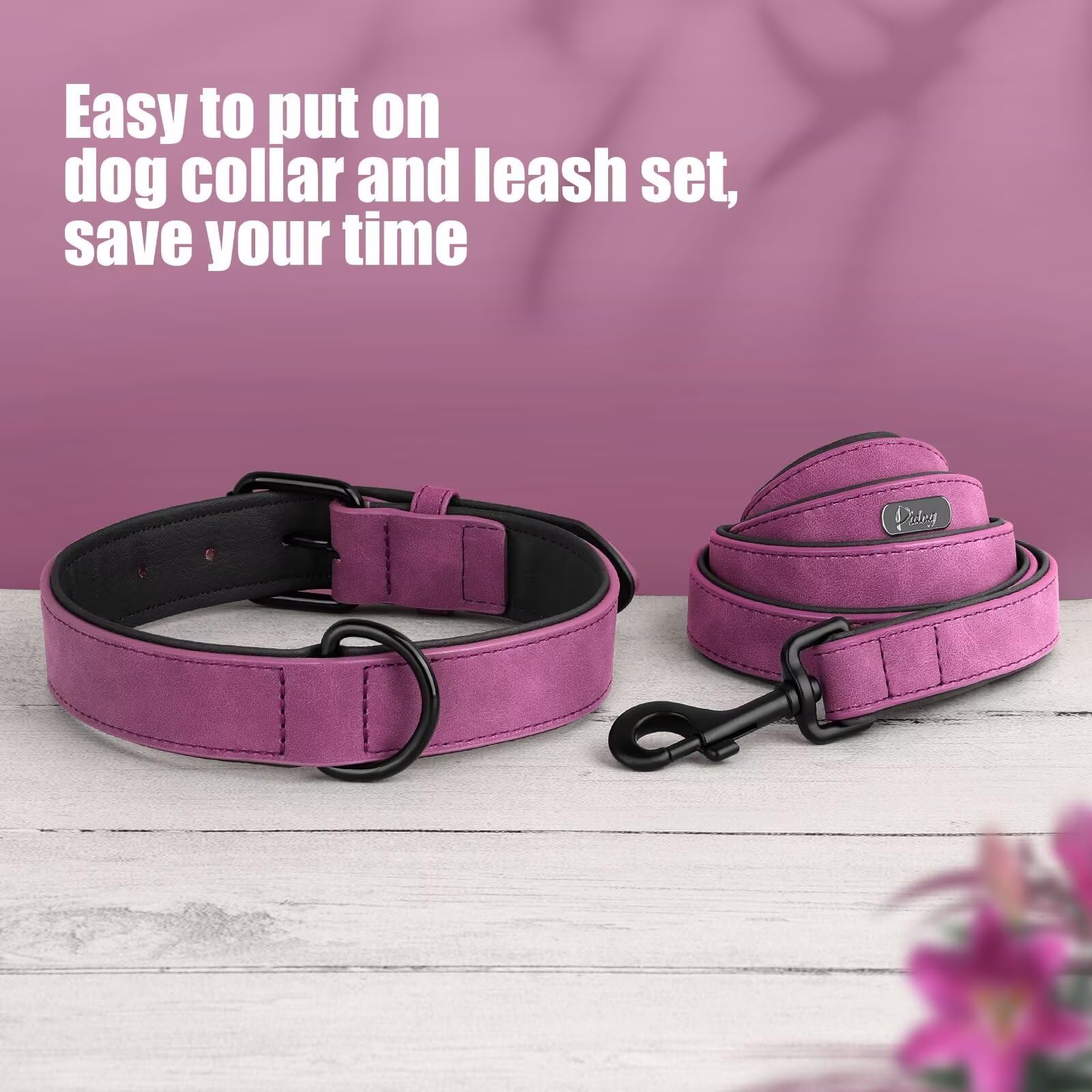 Didog Soft Padded Leather Dog Collar And Leash Set, Heavy Duty Purple Dog Lead And Collar Set With Metal Buckle, Breathable Pet