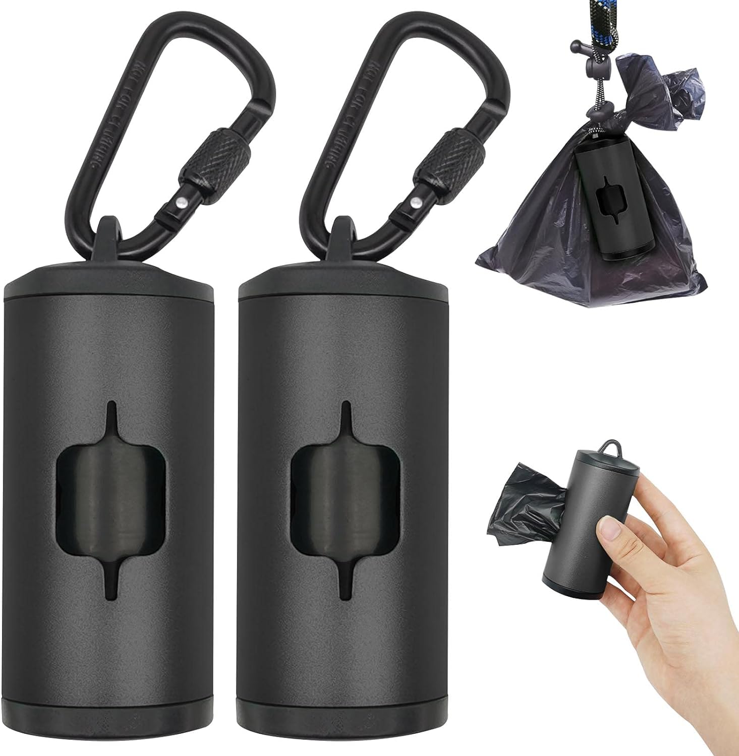 Shaouman Metal Dog Poop Bags Holder|Aluminum Poop Bags Dispenser With 30 Black Pet Waste Bags 3 Leash Clasp And Elastic Rope