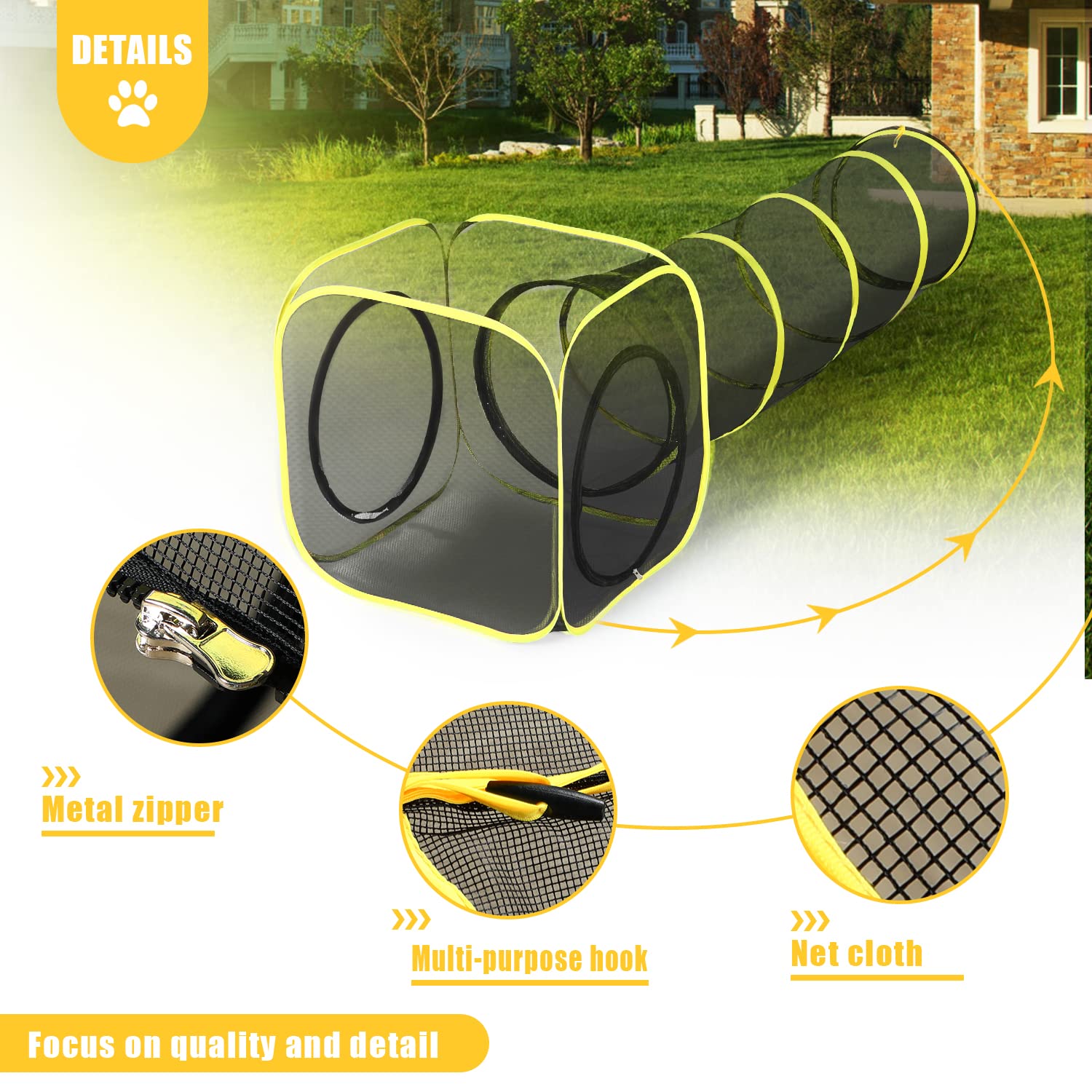 Outdoor Cat Enclosure & Tunnel - Portable Mesh Tent, Cat Playhouse With Adjustable Harness & Leash, Colorful Tease Ball