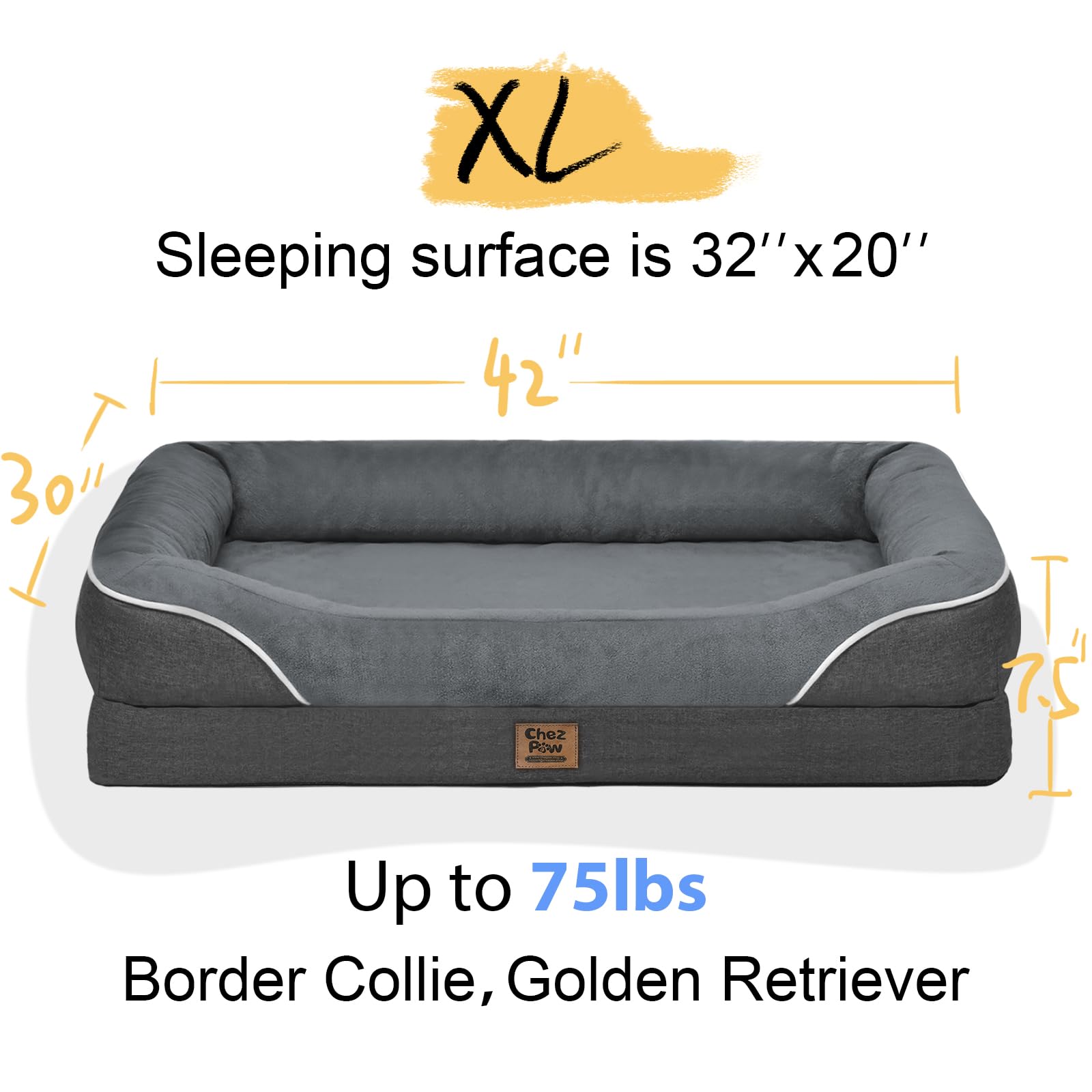 Washable Orthopedic Large Dog Bed - Removable Orthopedic Foam Dogs Beds With Bolsters Waterproof Large Dog Bed And Non-Slip Bott