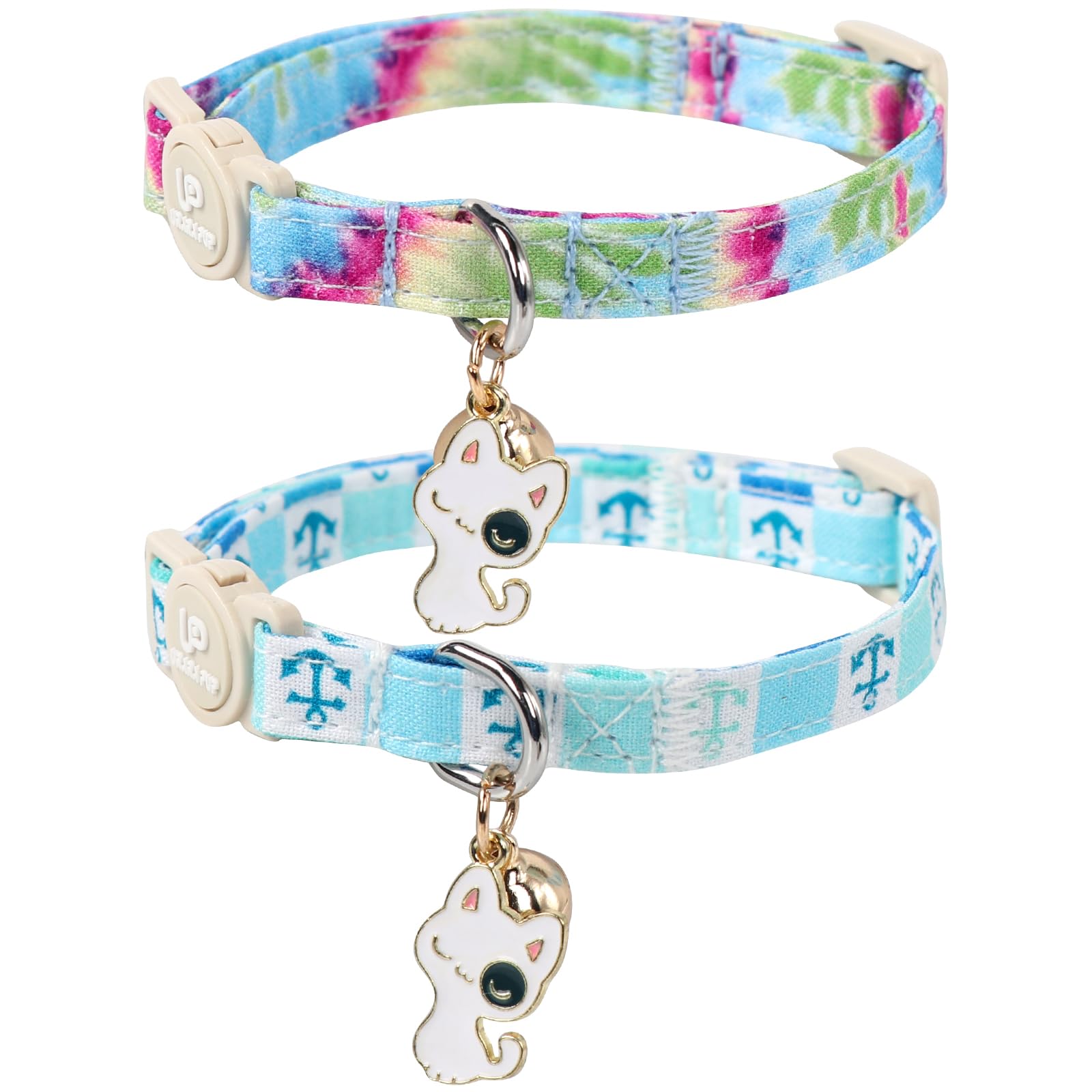 Up Urara Pup Cat Collar, 2 Pack Cat Collars Cute Breakaway Tiedye Cat Collar With Bell, Holiday Kitten Collars Summer Blue Grid 