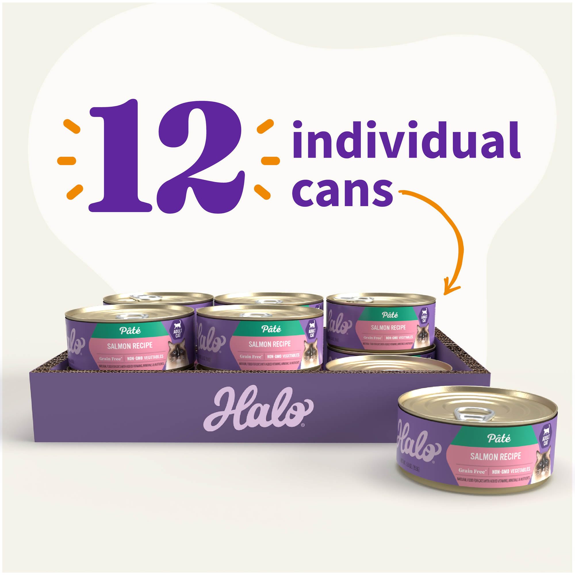 Halo Purely For Pets Halo Indoor Wet Cat Food, Grain Free, Salmon Pate, 5.5 Ounce (Pack of 12)