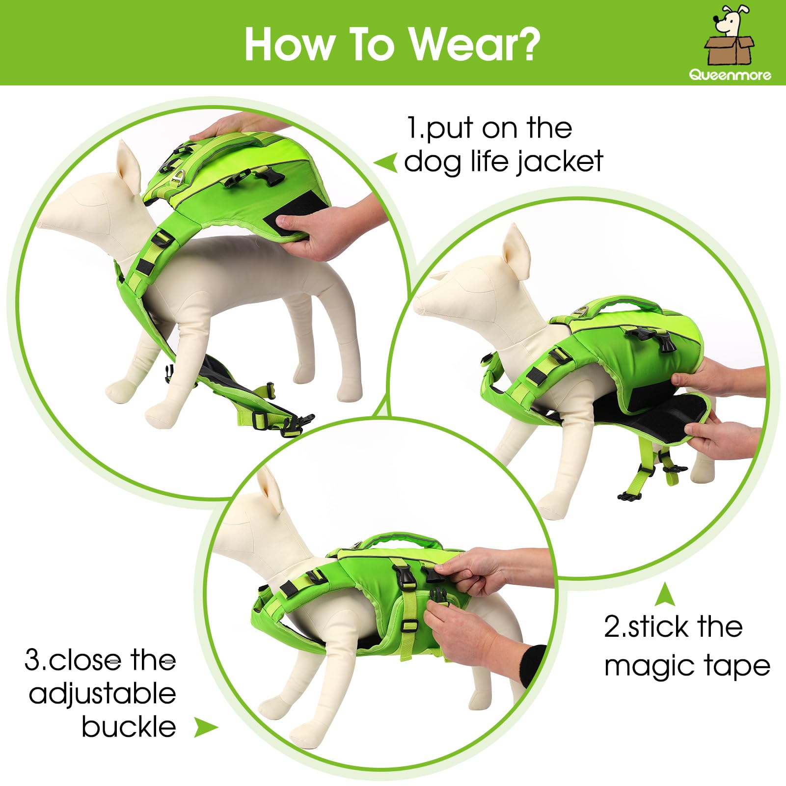 Queenmore Green X-Large Dog Life Jacket, Adjustable Reflective Dog Swimming Vest, Superior Buoyancy, High Floating Pet Life Vest
