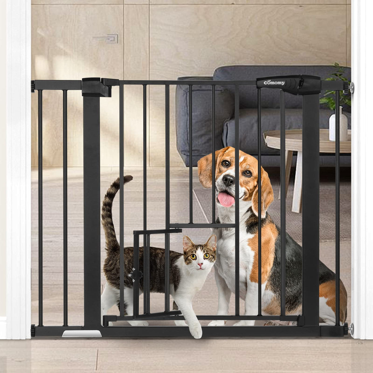 Comomy Dog Gate Extra Wide Tall Sturdy Pet Gate Easy Walk Thru Dog Fence Gate With Pet Door For Stairs Doorways House, Fits Openings 29.5'-40.5', Pressure Mounted