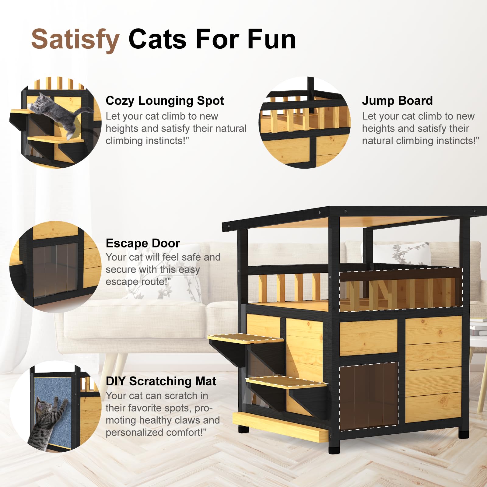Outdoor Cat House Weatherproof - Outside Two Story Feral Cat Shelter With Escape Door, Wood Dog Condo For Small/Medium Pets, Pul