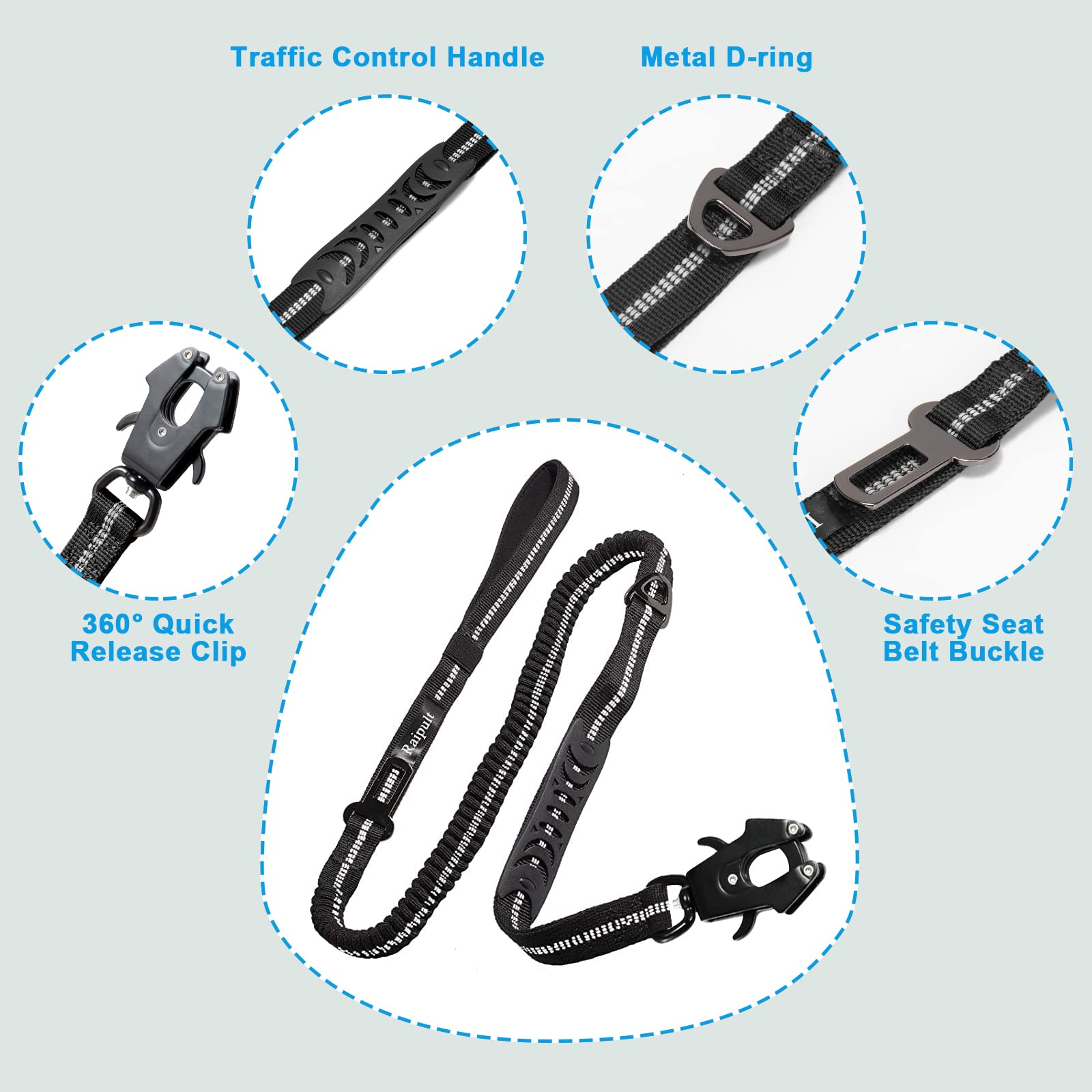 Raipult Tactical Heavy Duty Bungee Dog Leash For Medium Large Dogs That Pull, Military K9 Working Lead, 4-6Ft Shock Absorbing Fr