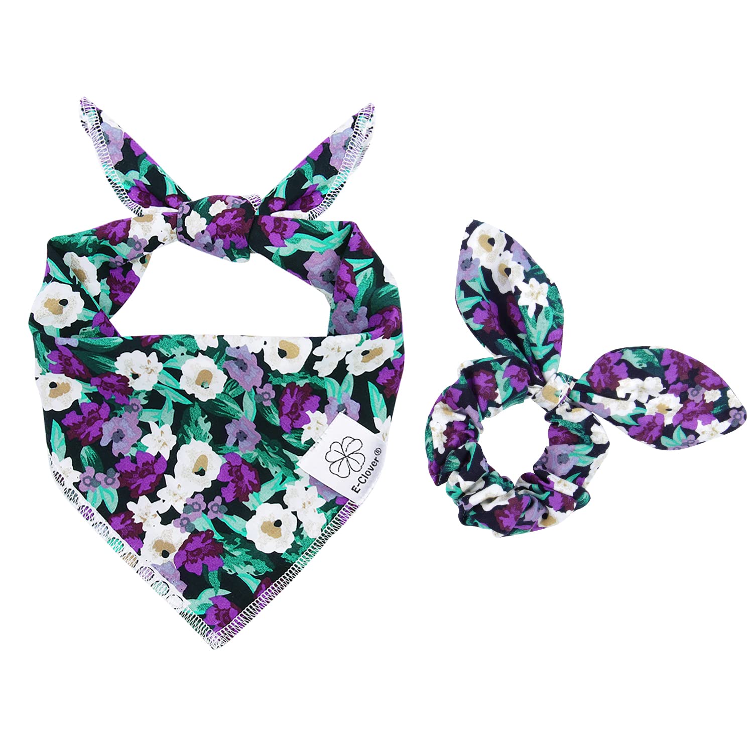 E-Clover Dog Bandanas & Matching Scrunchie Set Hawaii Dog Bandana Scarf Bibs Washable Kerchief For Small Dogs Puppy & Pet Owner 