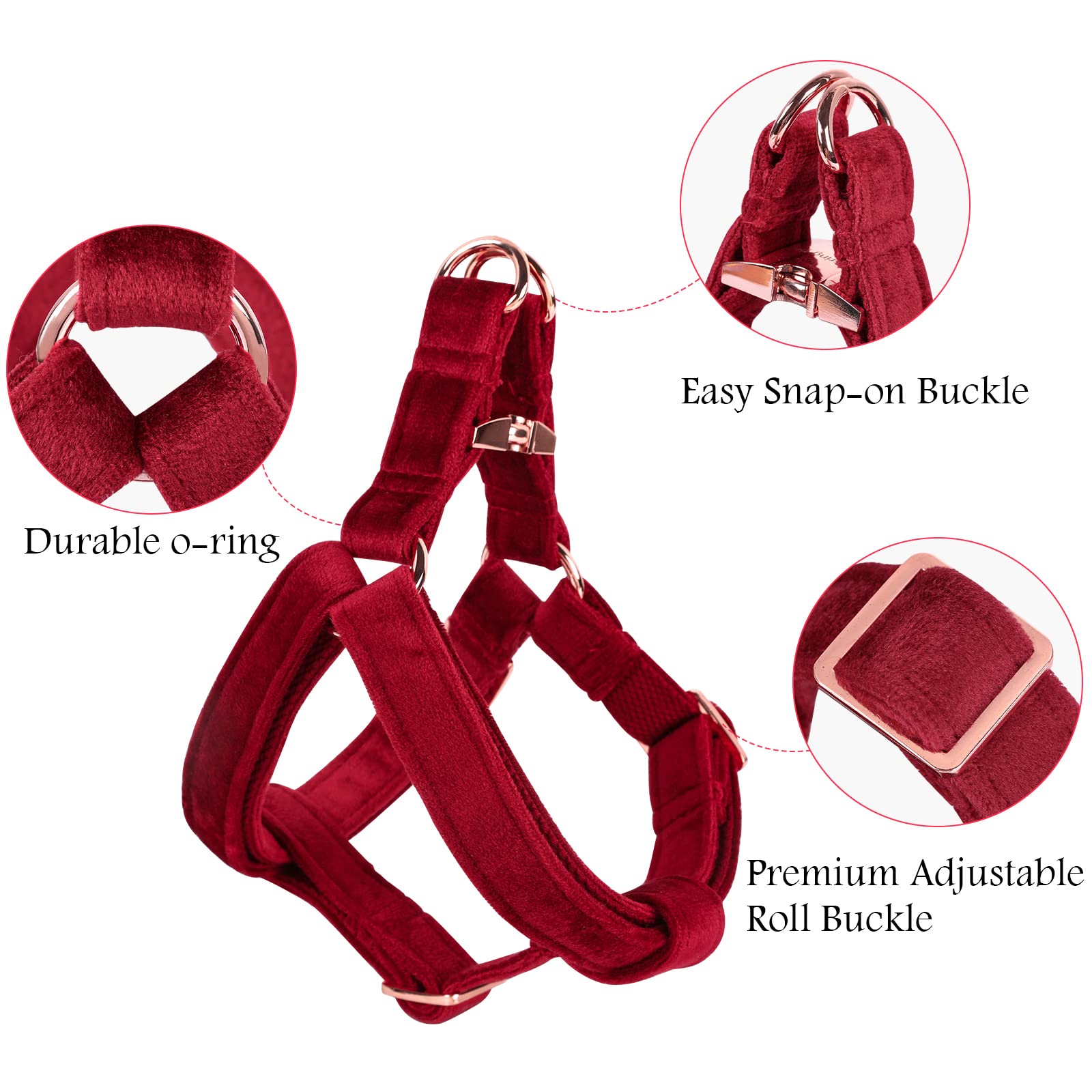 ARING PET Velvet Dog Halter Harness-Soft Heavy Duty Dog Halter Harness, Adjustable No Pull Red Velvet Dog Harness for Small Medi