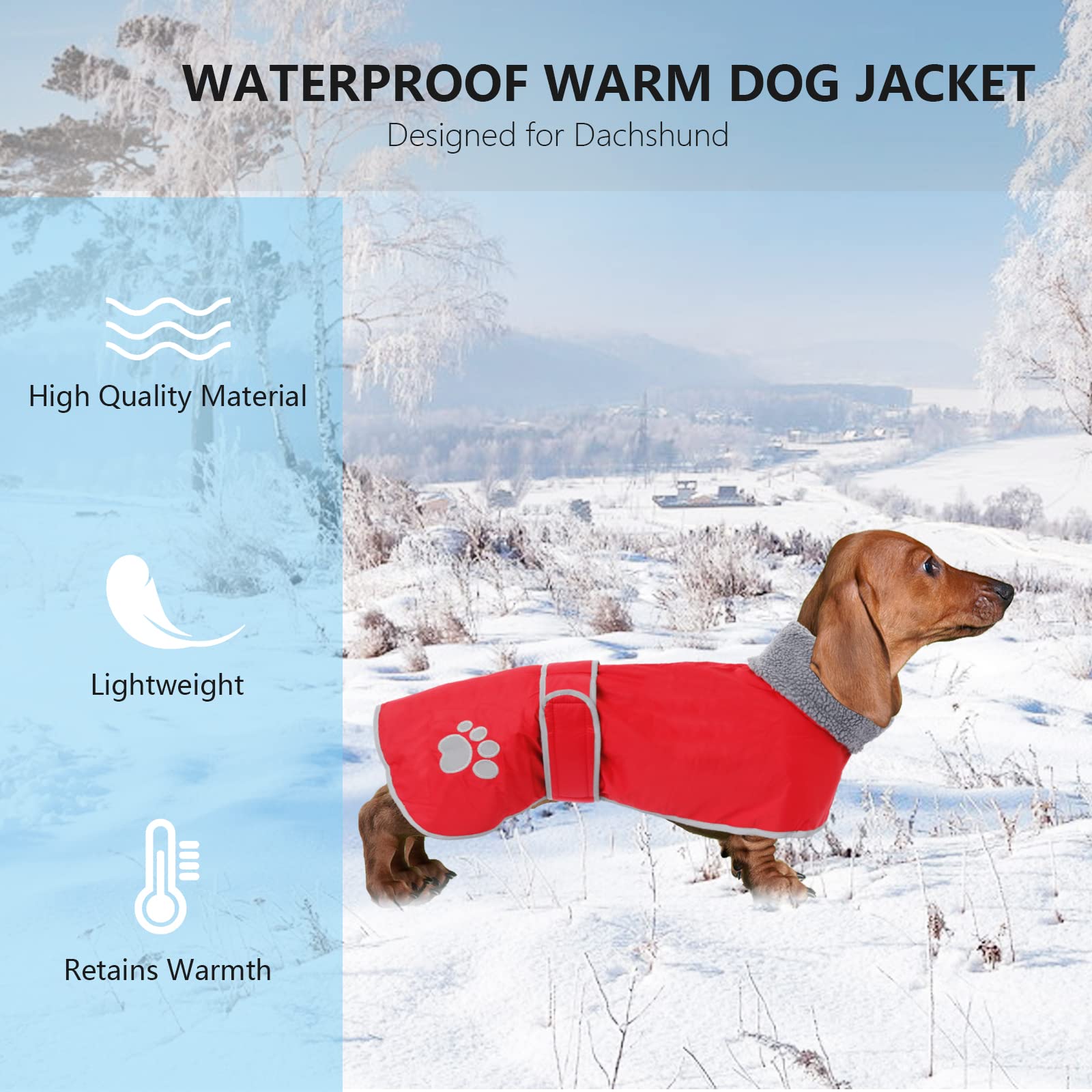 Dog Winter Coat Thermal Quilted Dachshund Coat,With Warm Flannel Lining,Geyecete Waterproof Outdoor Dog Apparel With Adjustable Bands For Small,Medium,Large Dog-Red-M