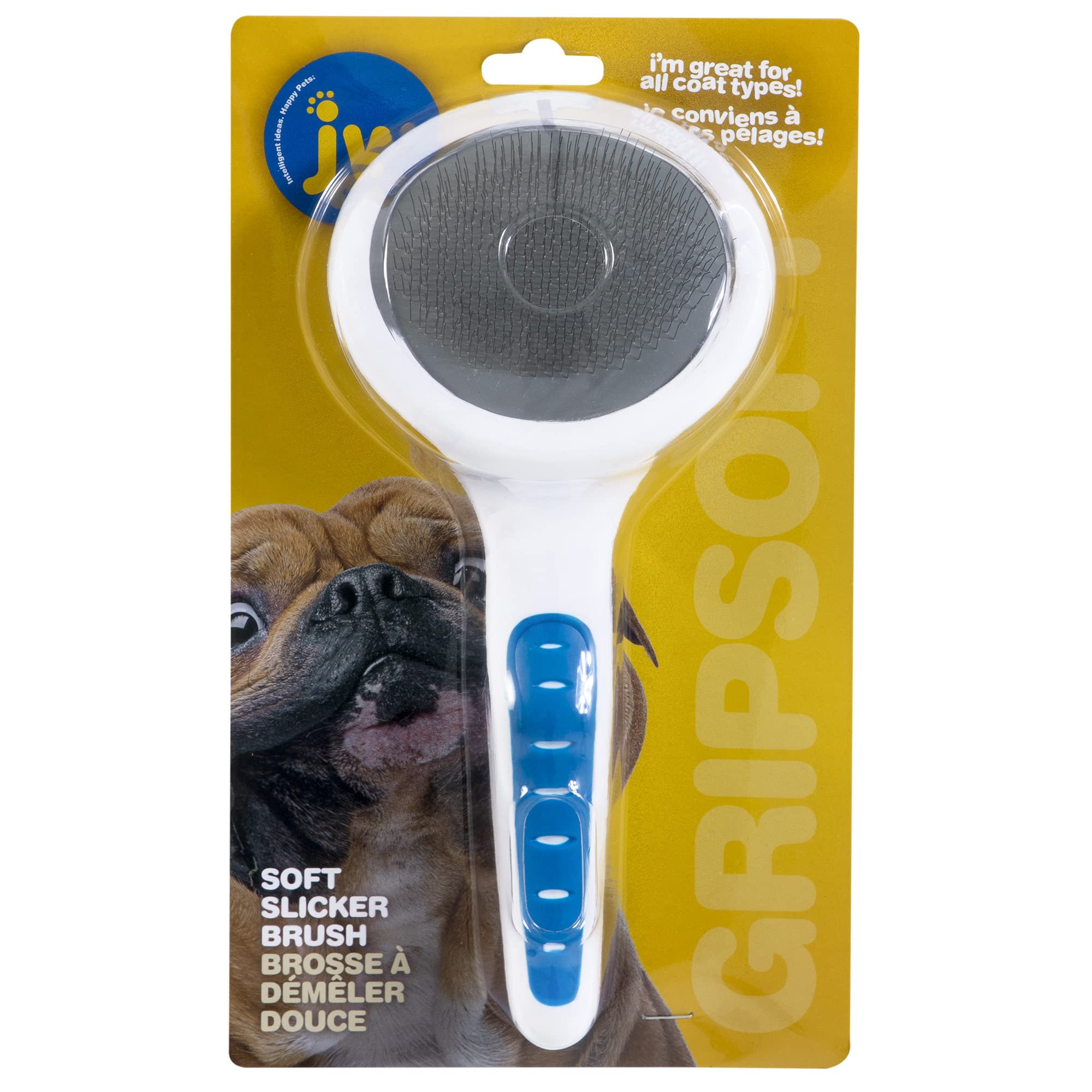 JW Pet Gripsoft Dog Soft Pin Slicker Brush with Non-Slip Rubber Grip (Angled Stainless Steel Tines),Assorted Colors,8 Inch,65002