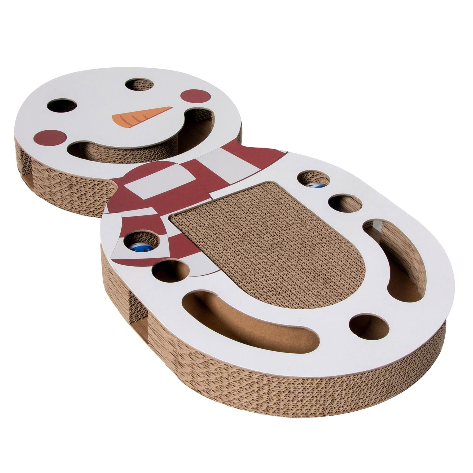 Furhaven Scratching Pad Ball Track Cat Toy W/ Catnip For Indoor Cats - Giant Snow Man Holiday Corrugated Busy Box Scratcher - White, One Size