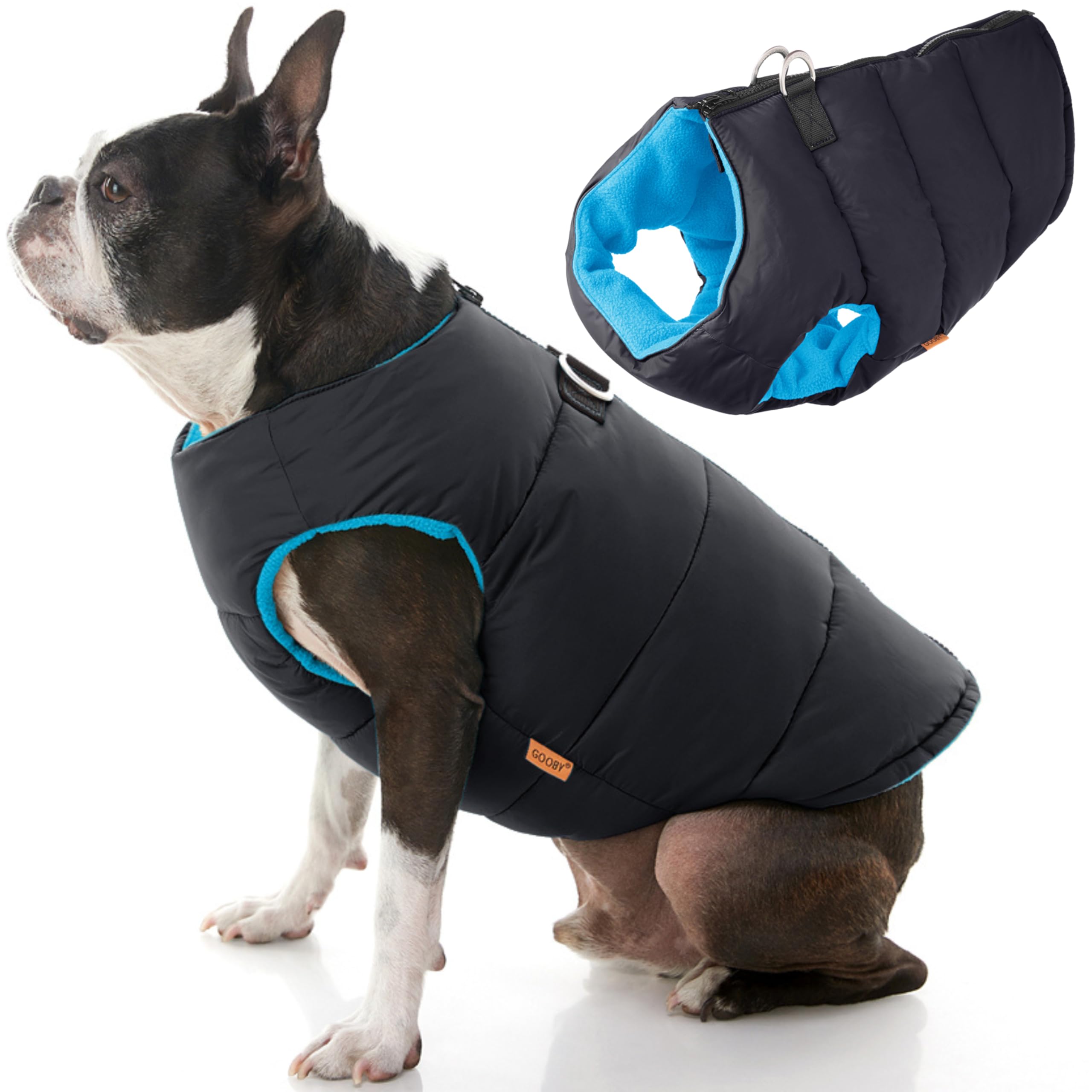 Gooby Padded Vest Dog Jacket - Solid Black, X-Large - Warm Zip Up Vest Fleece Jacket With Dual D Ring Leash - Water Resistant Sw