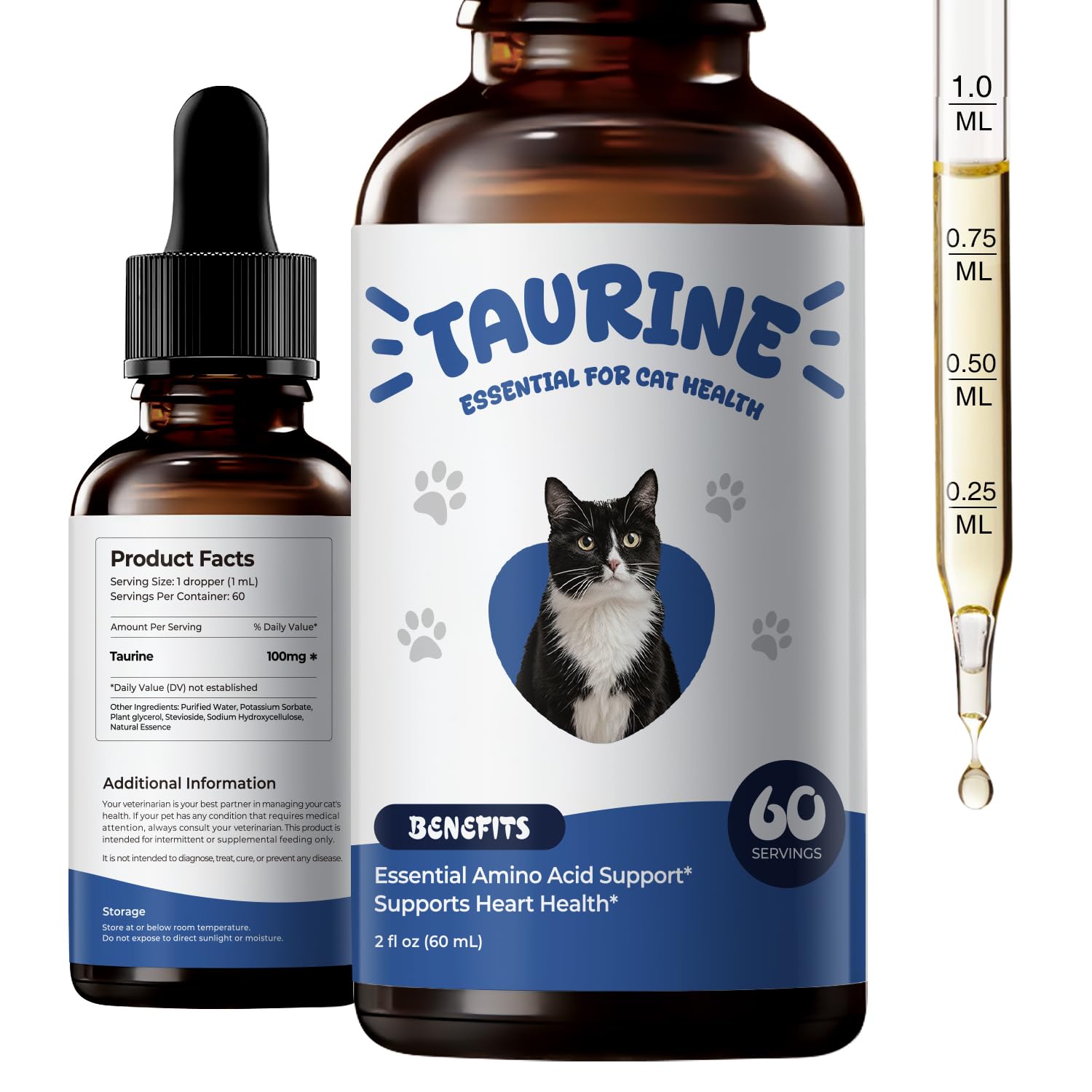 Taurine Supplement for Cats Liquid Drops - Essential Taurine for Heart Health, Vision & Immune Support, Easy-to-Mix Daily Feline