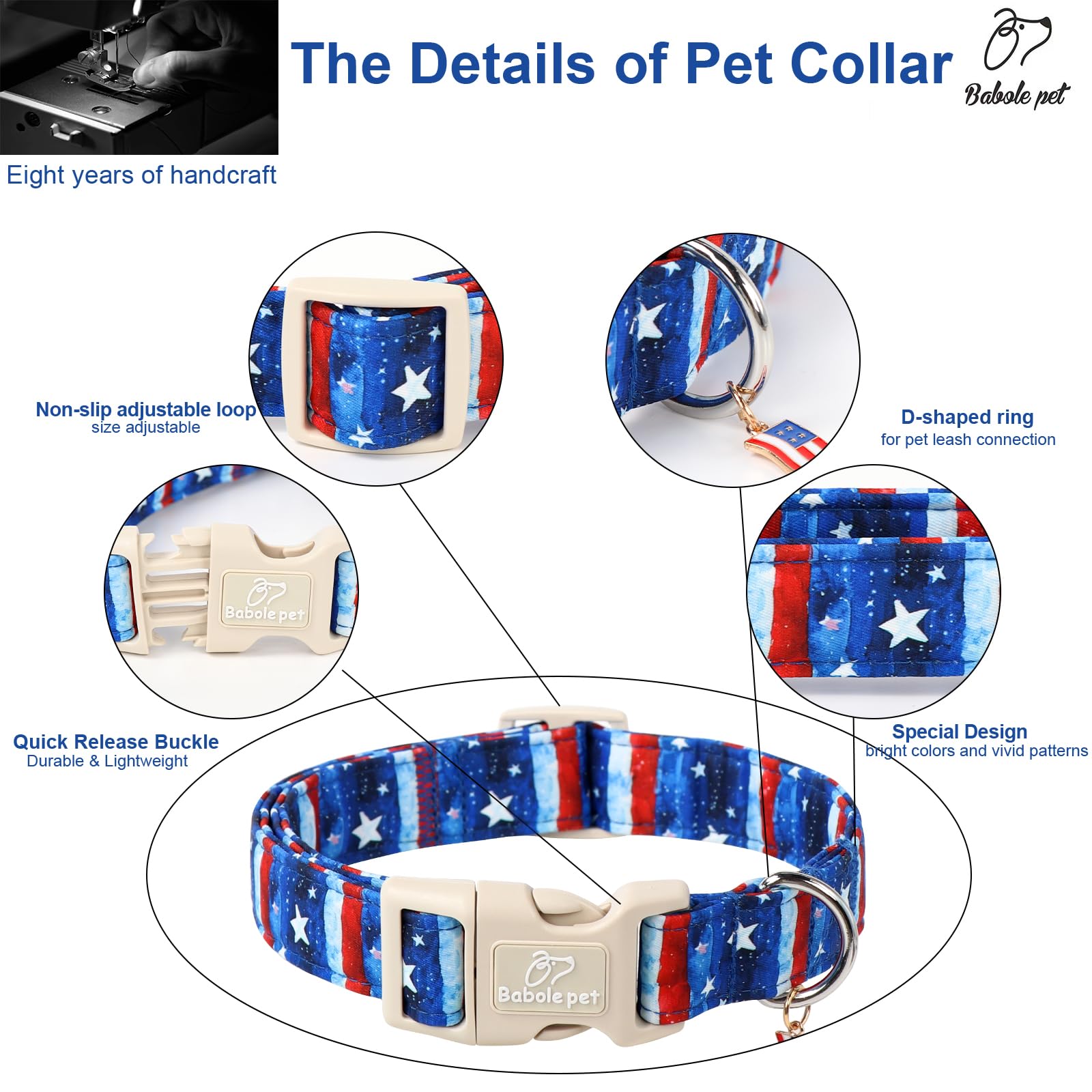 Babole Pet 4Th Of July Dog Collar, Stars & Stripes Patriotic Dog Collars For Small Dogs, Adjustable Lightweight Quick-Release Bu