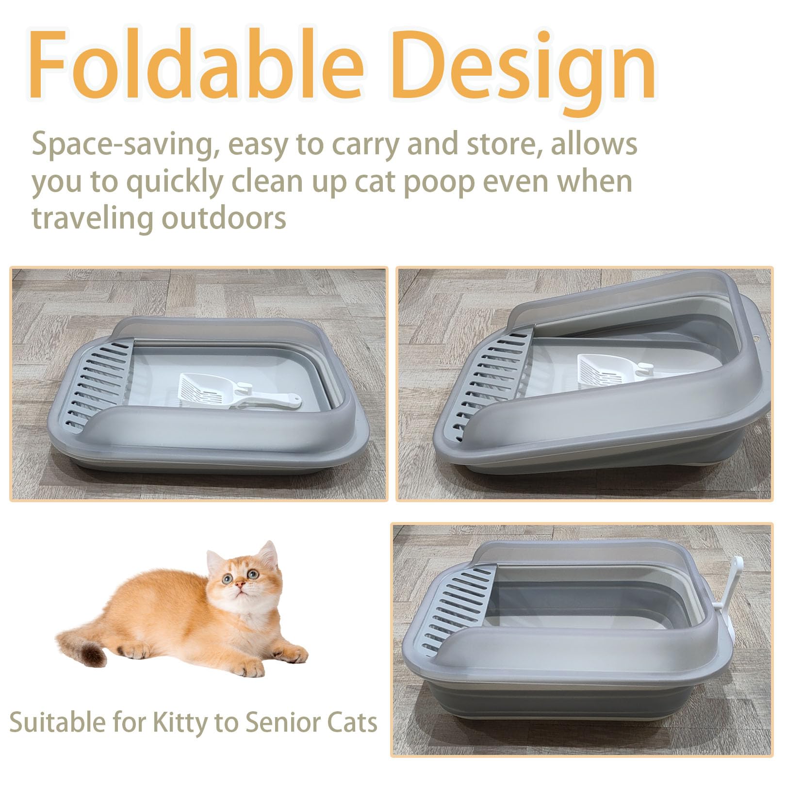 Collapsible Kitten Litter Box, Open High Sided Cat Potty Pan With Scoop Shallow Cat Toilet Anti-Splashing Low Entrance Travel Li