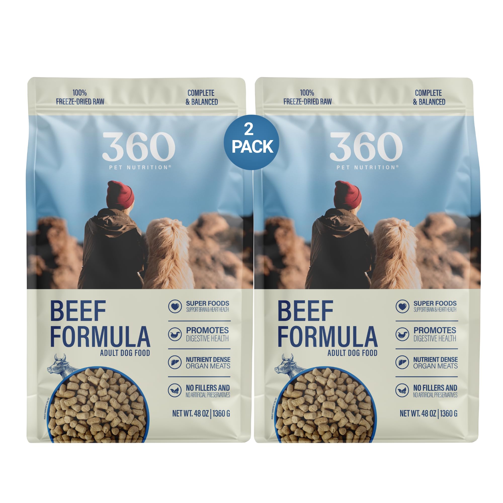 360 Pet Nutrition Freeze-Dried Raw Dog Food - Beef Recipe with Liver & Organs, High Protein with Omega-3s, Fruits, Veggies & Sup