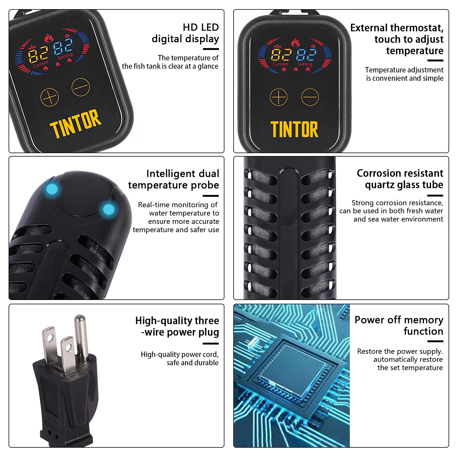 Submersible Aquarium Heater, 800W/1200W Fish Tank Heater, Double Tube Heating, Rapid Heating And Energy Saving, Led Digital Temperature Controller, Suitable For Sea Water And Fresh Water(1200W)