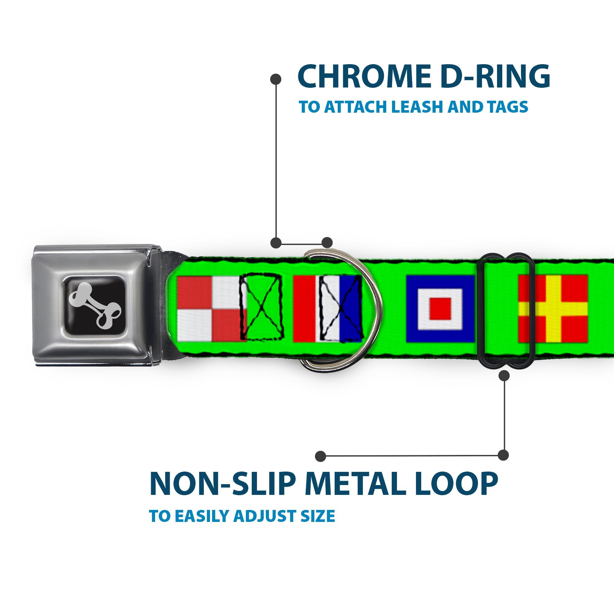 Dog Collar Seatbelt Buckle Nautical Flags Green Multi Color 13 To 18 Inches 1.5 Inch Wide
