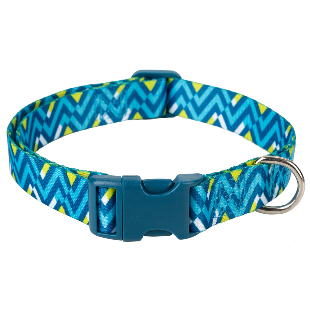 Mile High Life | Geometric Ocean Wavy Pattern | Soft Poly Cotton Fabric | Black Buckle Dog Collar With D Ring| We Donate To Dog Rescues(Light Blue/Hot Blue, Small )