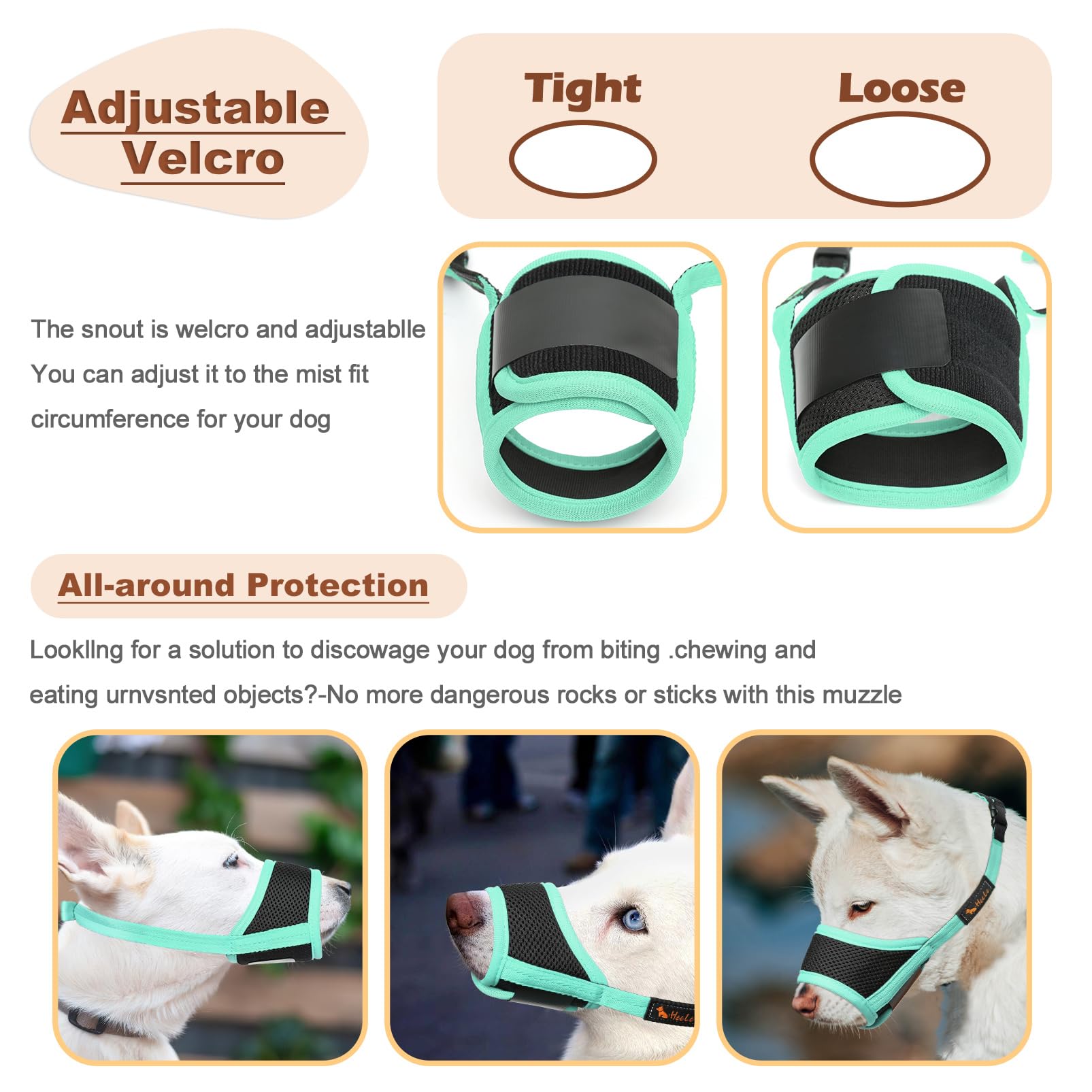 HEELE Dog Muzzle,Soft Nylon Muzzle Anti Biting Barking Chewing,Air Mesh Breathable Drinkable Adjustable Loop Pets Muzzle for Small Medium Large Dogs 4 Colors 4 Sizes (New Green, M) -Like New