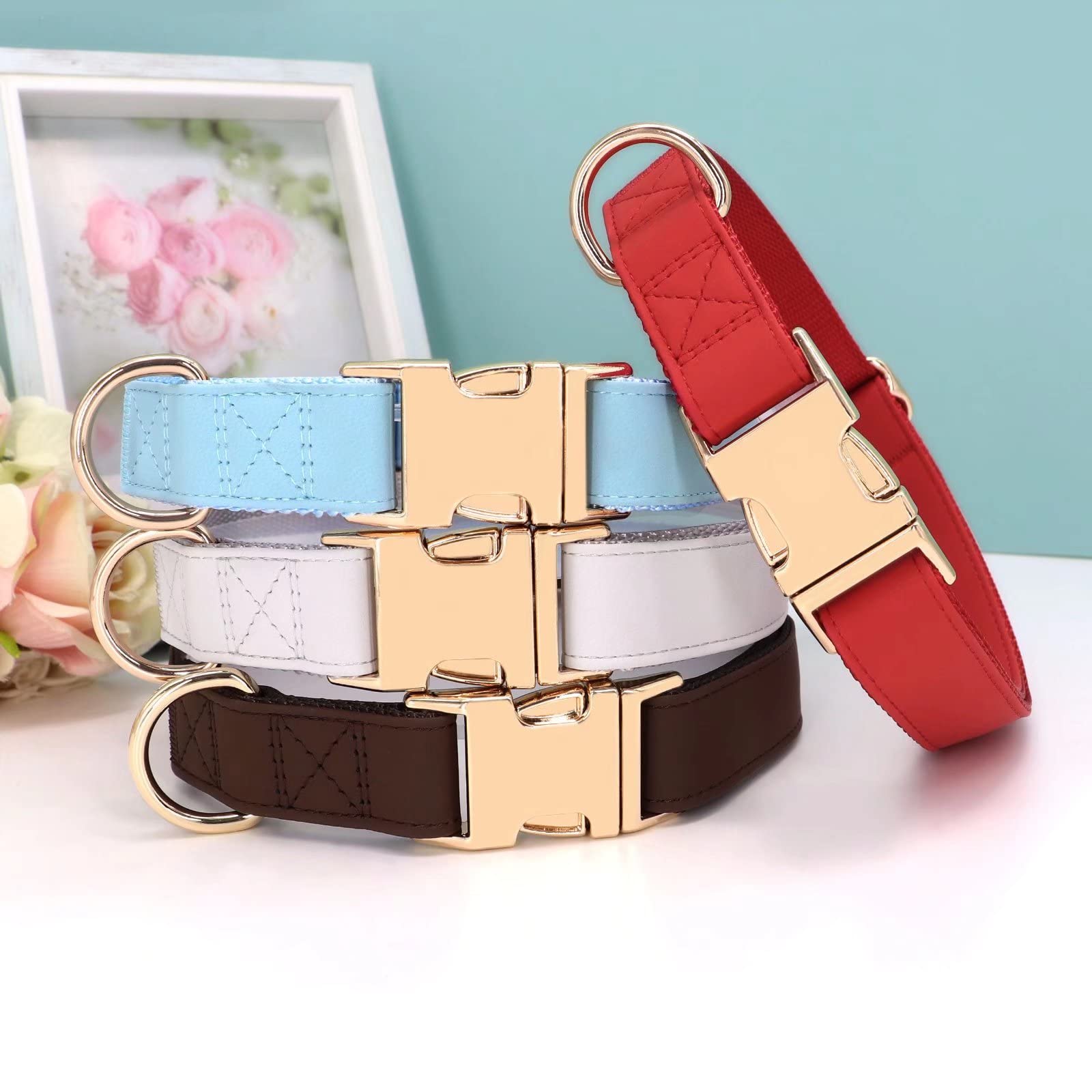 Pet Artist Charming Nylon Dog Collar With Leather Soft Comfy Elegant Nylon Collars For Dogs Small Medium Large 4 Bright Solid Color For Choosing Blue Red Brown Grey(Brown,Neck Fit 16-27'')
