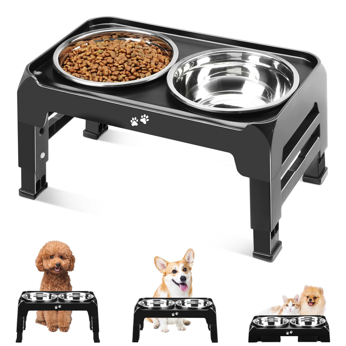 Elevated Dog Bowls For Small Medium Dogs 3 Height Adjustable Raised Dog Bowl Stand With 2 Thick 6' Stainless Steel Dog Food Bowls Non-Slip Dog Feeder Adjusts To 2.75', 6', 7.5', Black