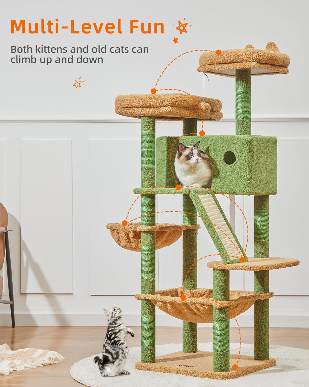 Taoqimiao Cactus Cat Tree - 57.5" Cat Tower with 8 Scratching Posts, Metal Frame, Plush Hammock, Model MSC026