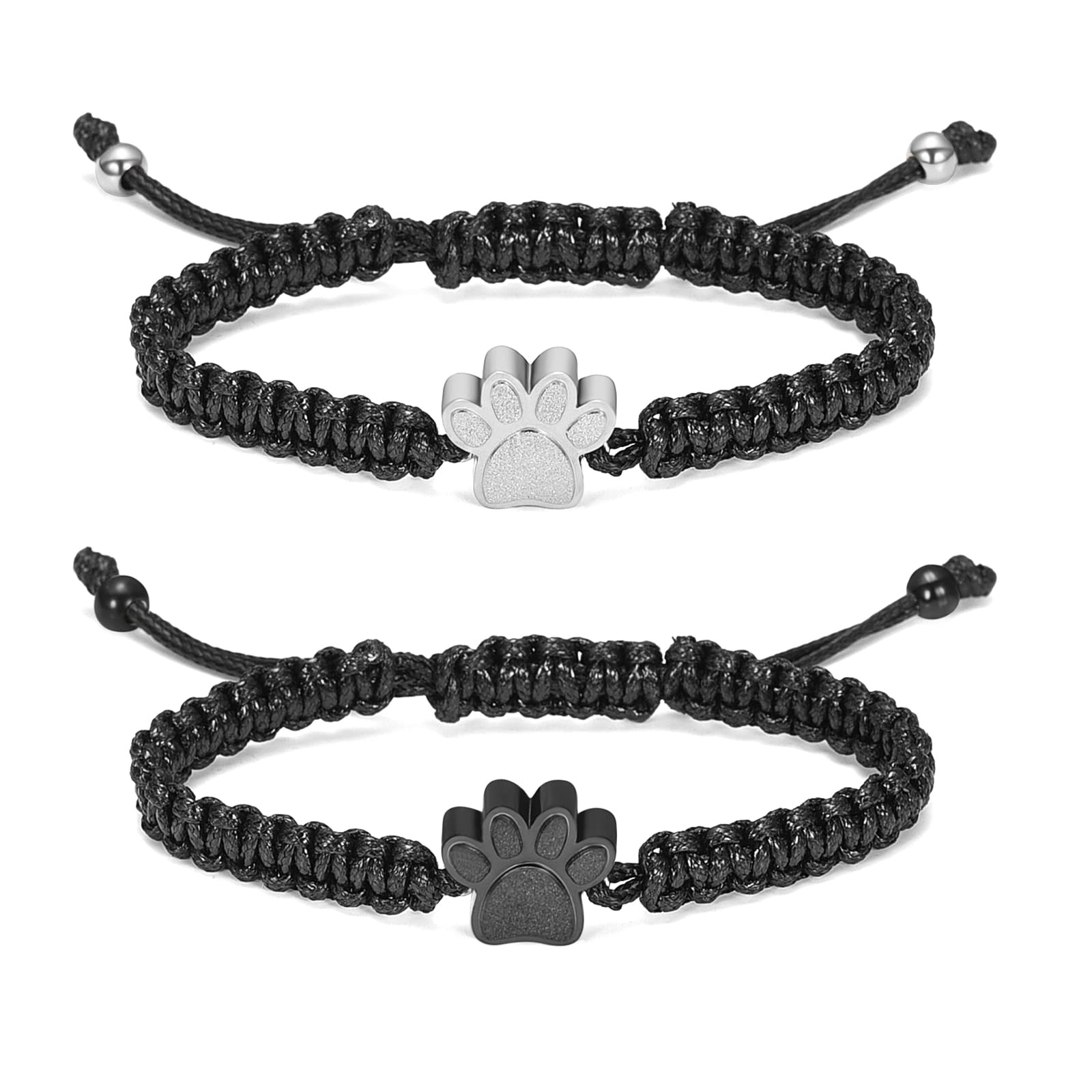 constantlife Cremation Bracelet for Pets Ashes - Dog Paw Pendant Bangle Stainless Steel Memorial Urn Jewelry (Black Rope-2Pcs/Si