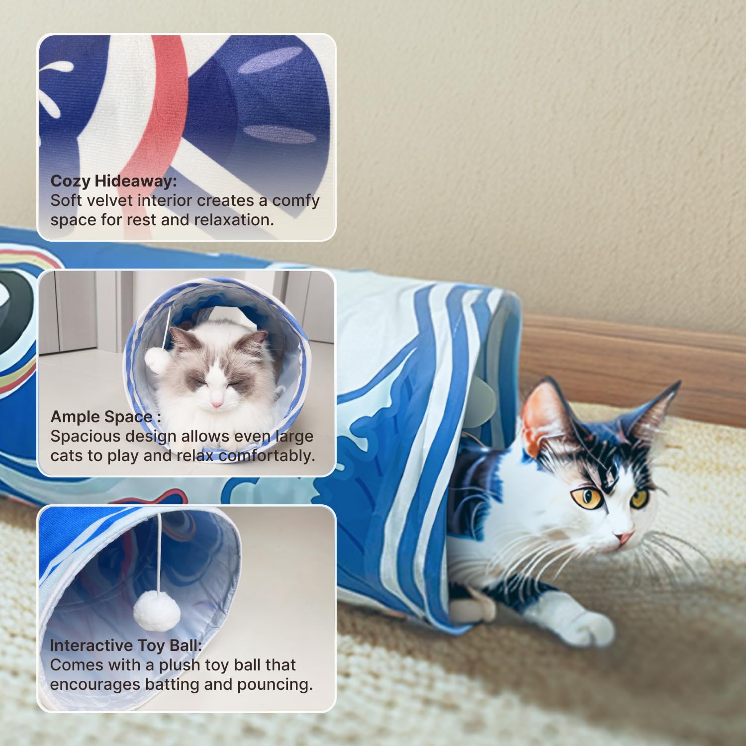 Dsumky Cat Tunnel With Fish Design, Plush Toy Ball, Easy To Clean, Collapsible, Hide & Seek Play, Self-Entertainment Toy (Ocean