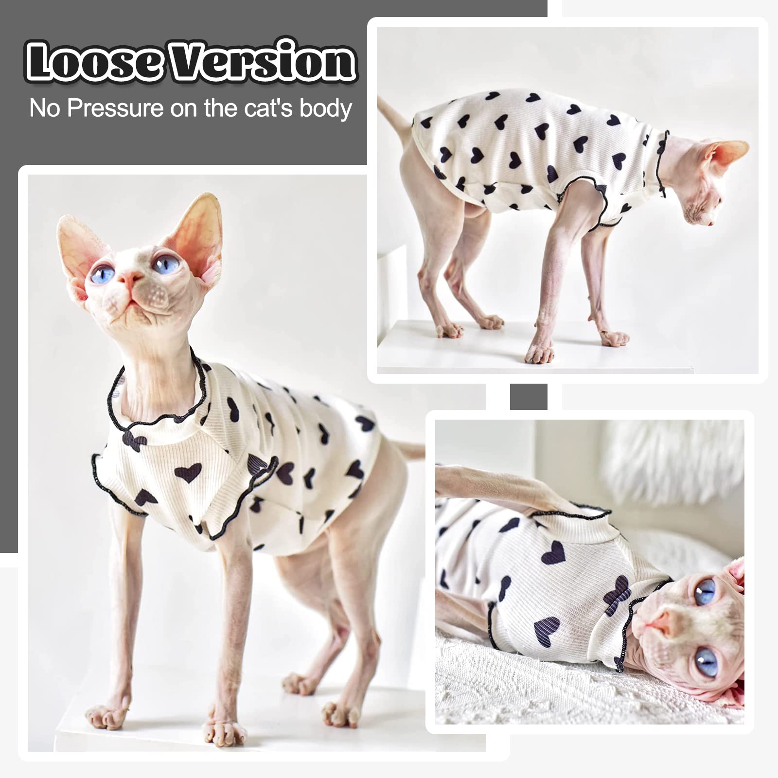 Dentrun Heart Pattern Sphynx Hairless Cats Shirt, Kitten T-Shirts With Perlin Sleeves, Breathable Cat Wear Cute Sweater Adorable