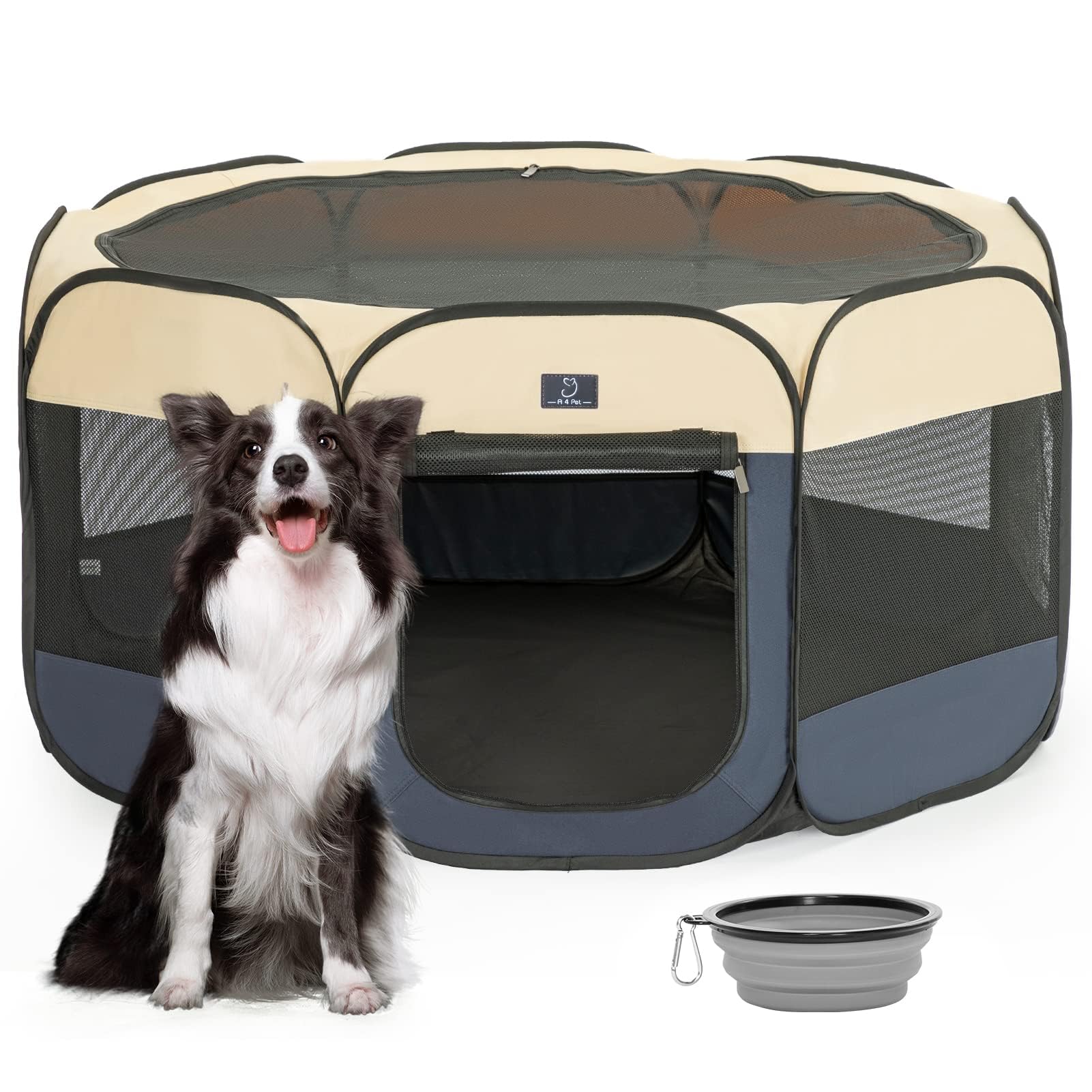 A4Pet Dog Playpen, Portable Pet Playpen, Pop Up Dog Playpen Indoor/Outdoor - Ideal For Small Medium Dogs - Removable Zipper & Collapsible Travel Bowl