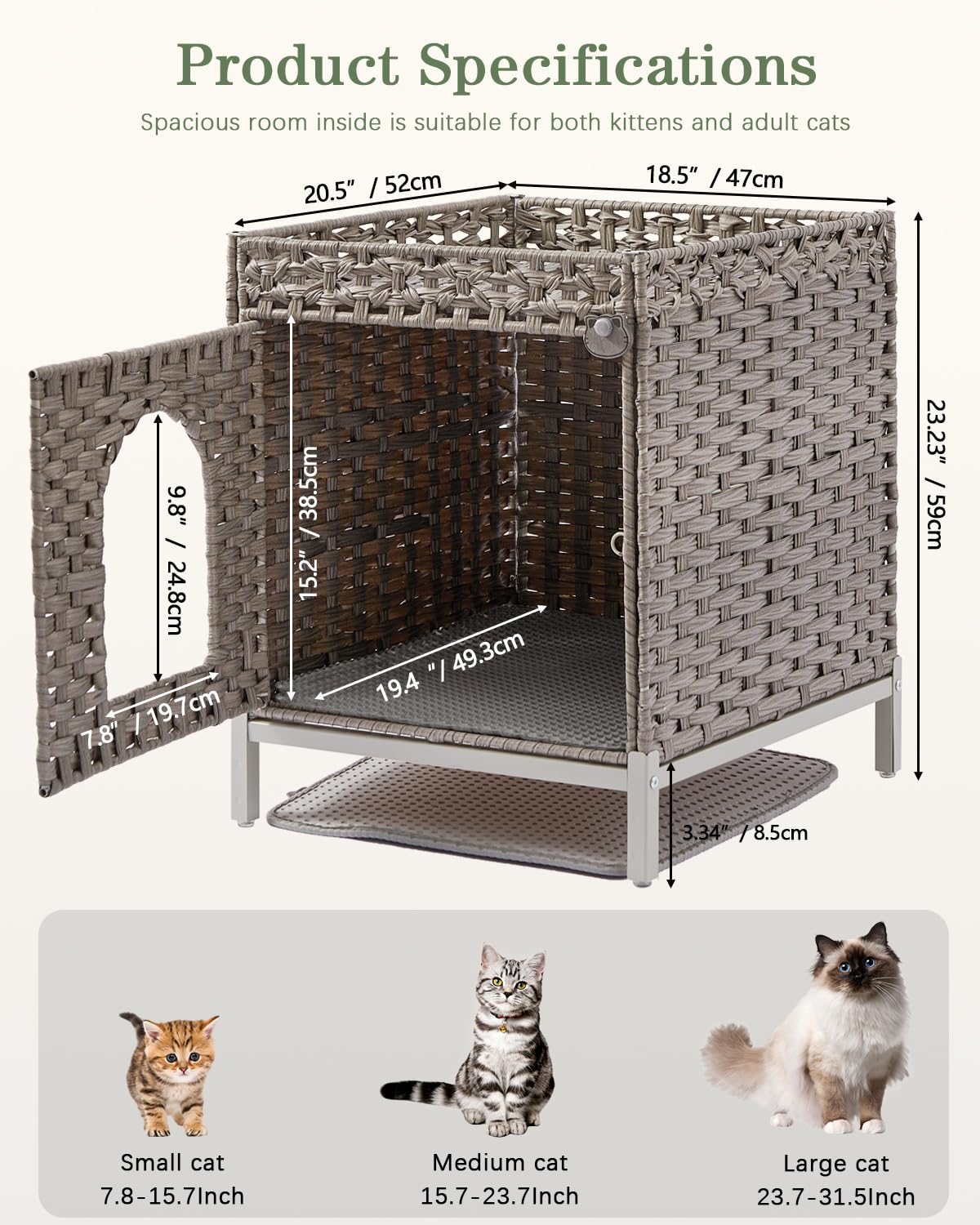 Setvson Cat Litter Box Enclosure Hidden Litter Box Furniture With Metal Heightened Feet, Rattan Handwoven Cat House With Litter