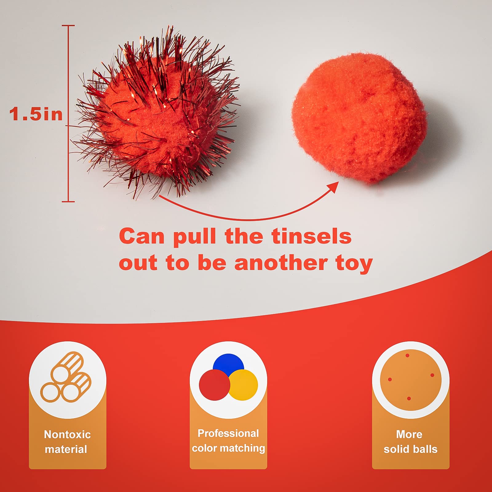 Vapker 30 Piece 1.5' Red Color Sparkle Balls Cat'S Favorite Toy Tinsel Pom Poms Glitter