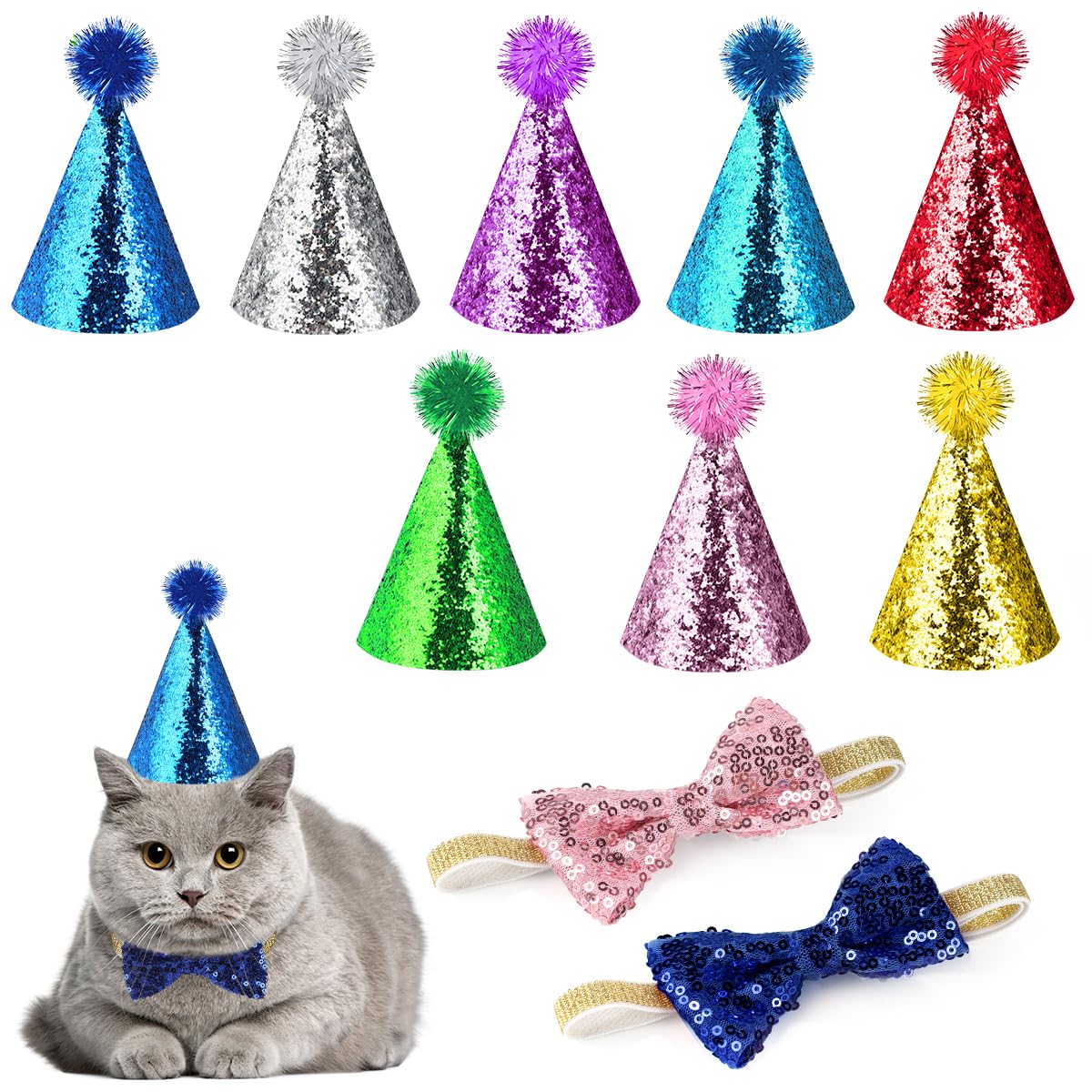 10 Pcs Cat Birthday Hat Dog Birthday Hats, Multi Color Mini Party Hats Set With 8 Pcs Hats And 2 Pcs Bowtie For Cat Dogs Kittens