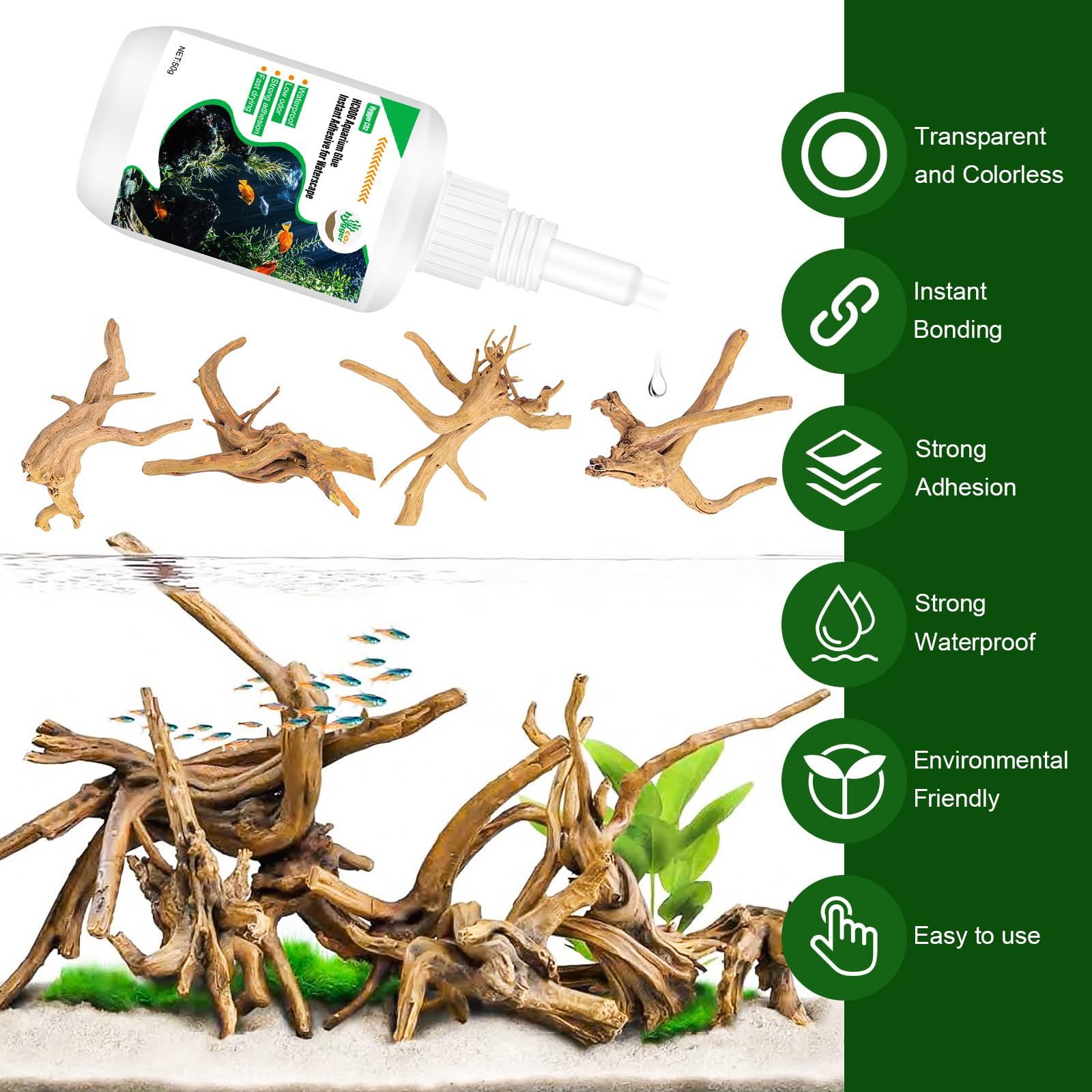 Hygger CO2 Special Aquarium Liquid Glue for Fish Tank Landscaping, Aquarium Safe Instant Glue for Driftwood, Rocks, Stones,Build
