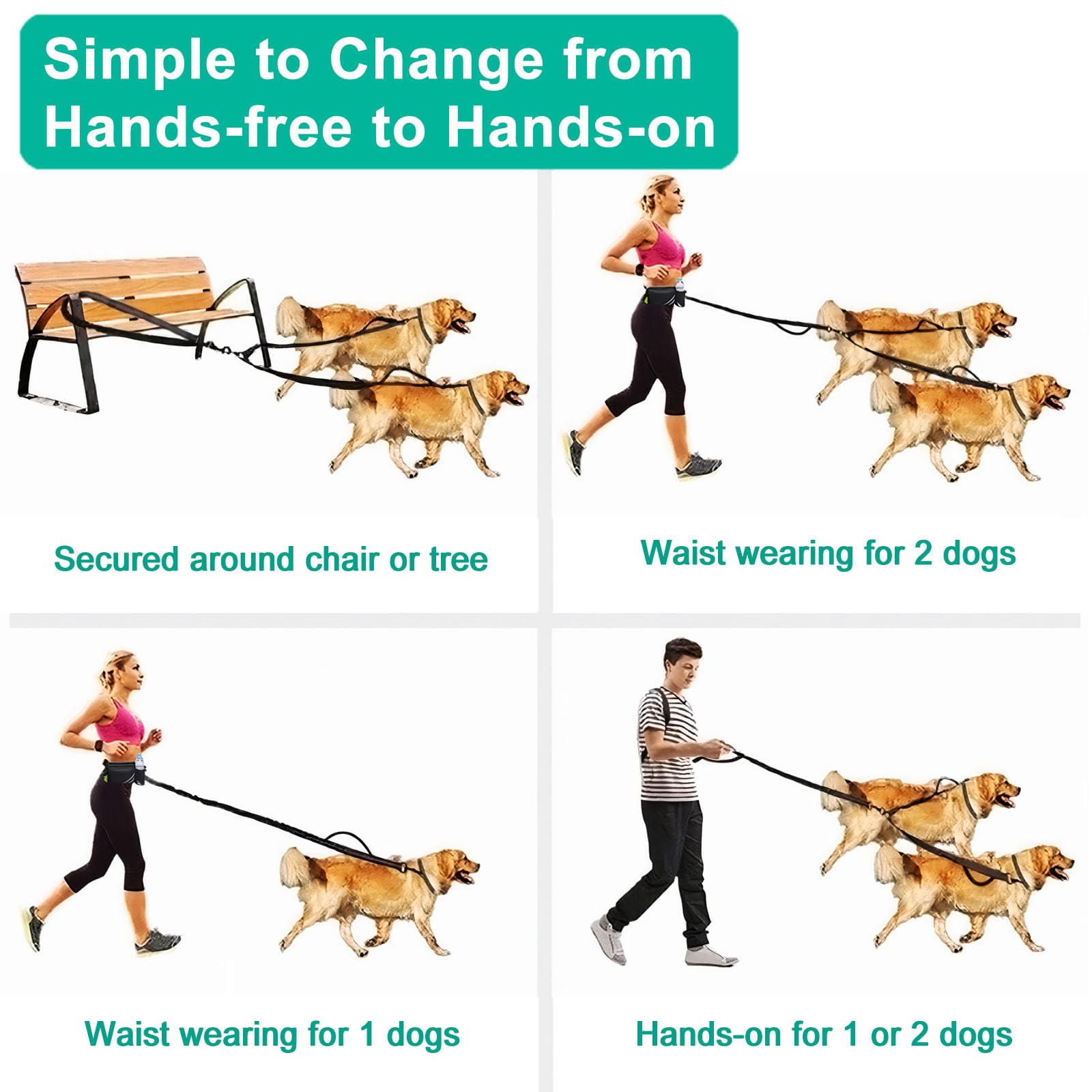 Hands Free Dog Leash For Two Dogs,Double Dog Leash For Medium And Large Dogs Heavy Duty,With Water Bottle Holder,Padded Handles,