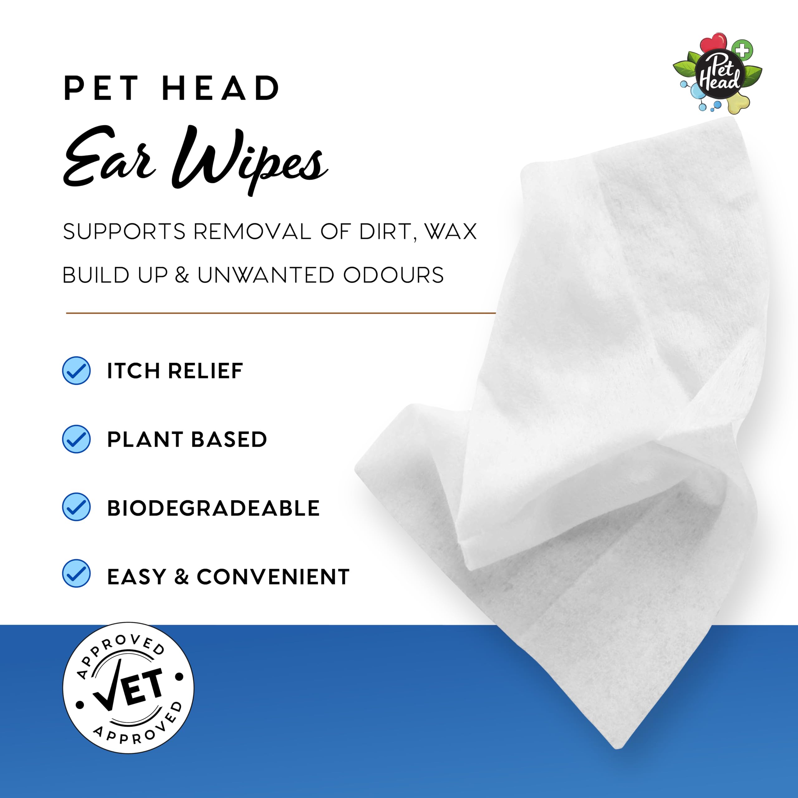 Pet Head Health Ear Wipes For Cats And Dogs | Fragrance-Free | Cleans, Deodorizes And Moisturizes | Removes Dirt, Wax, Discharge