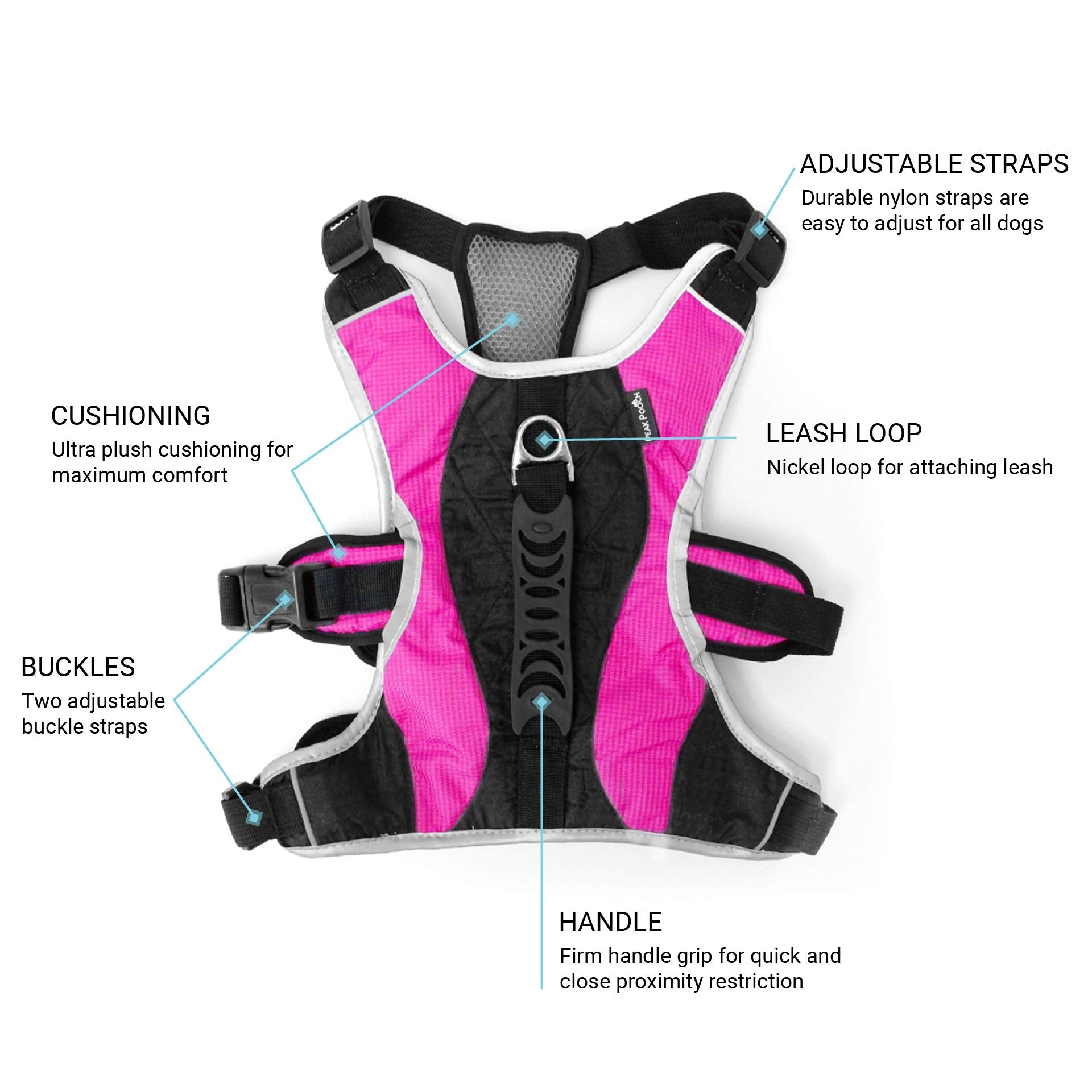 Peak Pooch - No-Pull Dog Harness - Padded, Mesh Fabric Dog Vest With Reflective Trim, Lifting Handles And Buckle Straps - Pink D
