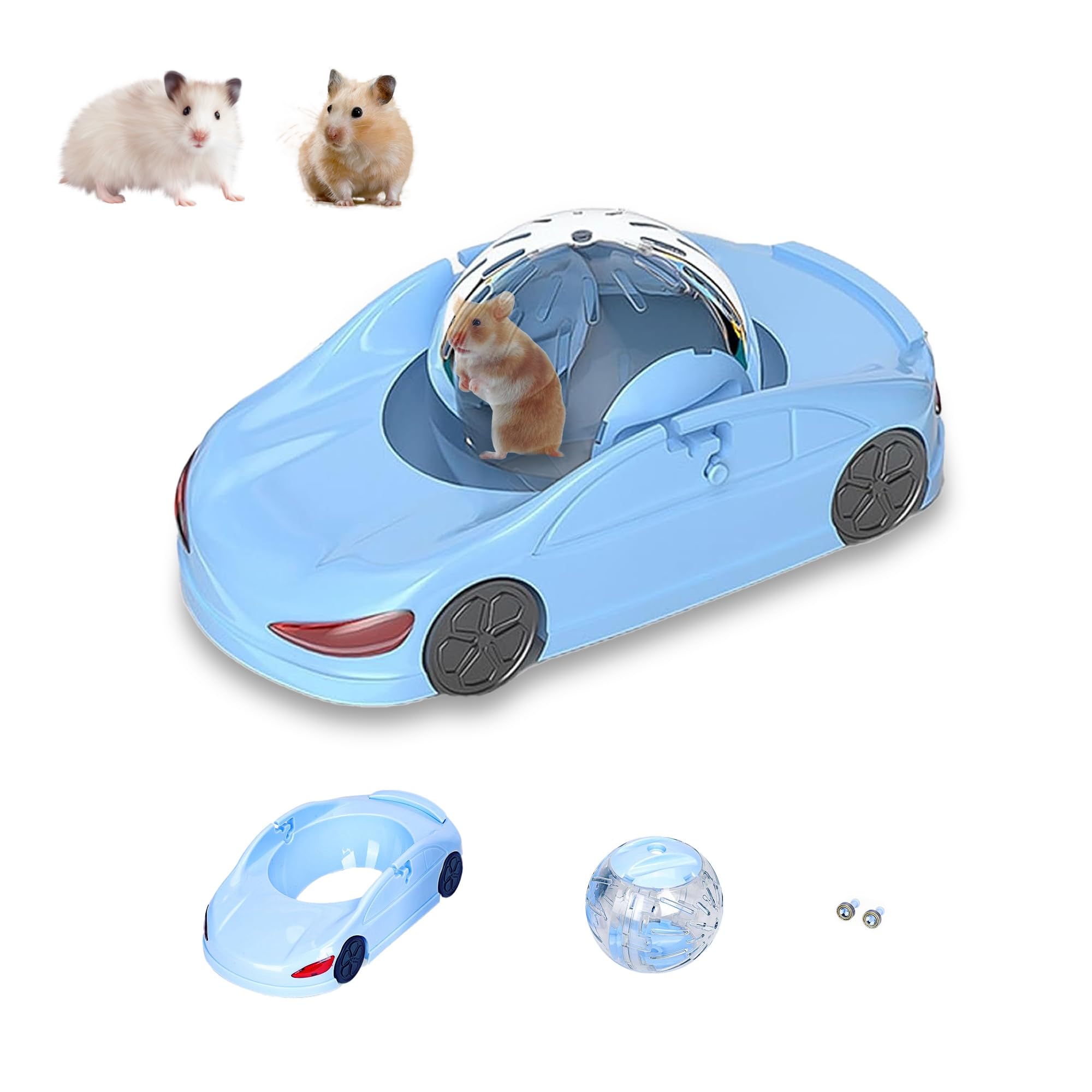 3-in-1 Hamster Car Toy, Silent Dwarf Hamster Running Ball and Exercise Wheel 4.8 Inches, Small Pet Activity Center (Blue)
