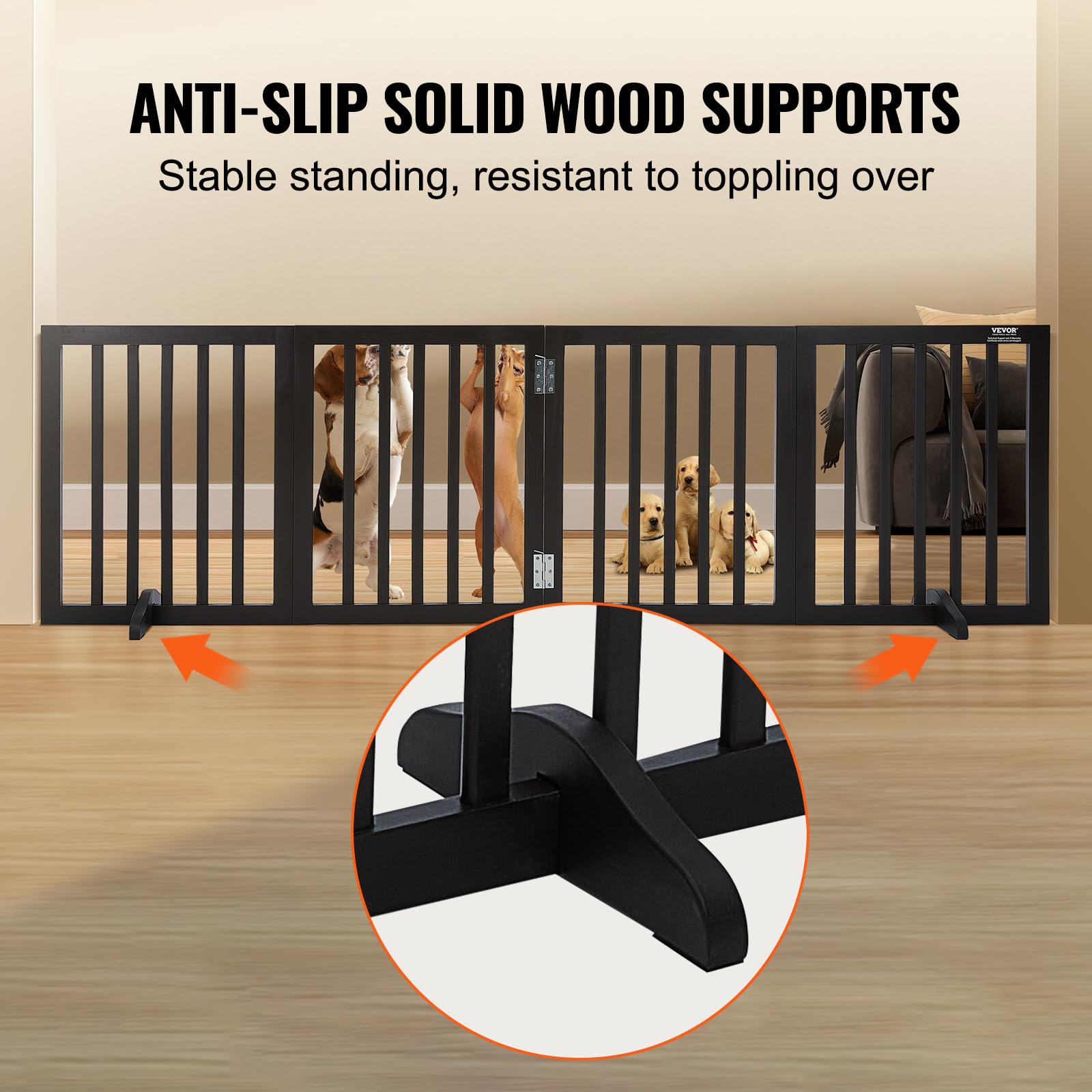 VEVOR Freestanding Dog Gate, Wooden Free Standing Pet Gate 80''W x 24''H,4 Panels Foldable Dog Gate for Wide & Narrow Passageway
