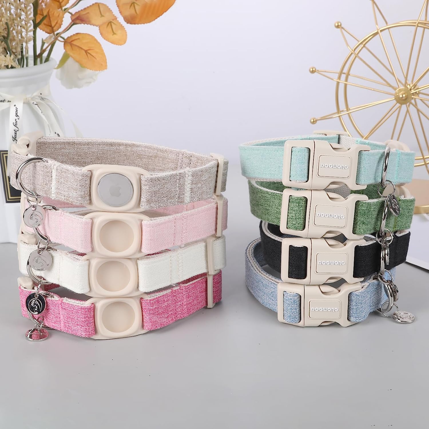 Dogwong Airtag Cotton Hemp Dog Collar, Heavy-Duty Dog Collar With Airtag Holder Pink Natural Fabric Pet Dog Collar Cute Puppy Ne