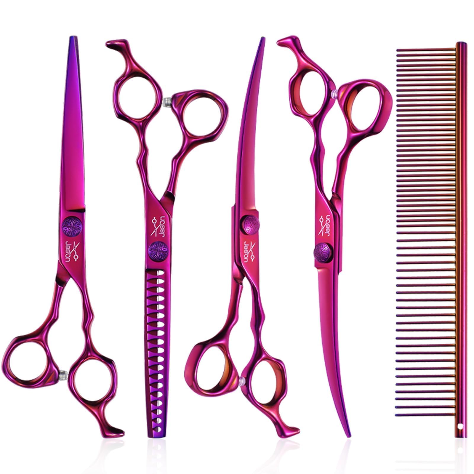 Jason Dog Grooming Scissors Set - Professional 6 In 1 Dog Shears Set - 7'' Chunker, 7'' Straight, 7'' Up-Curved, 7'' Down-Curved