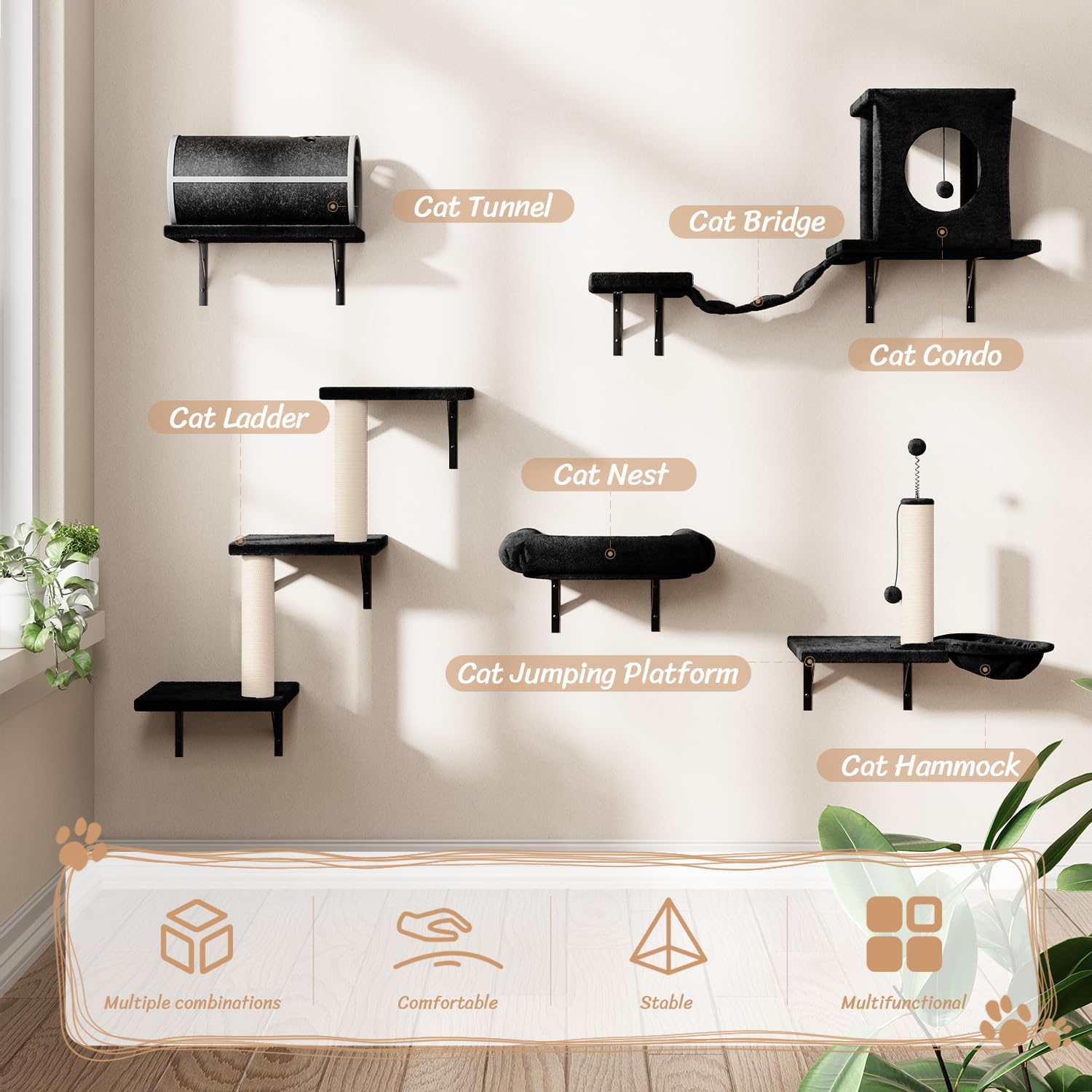 NUNU LAB 7-in-1 Wall Mounted Cat Climber Set, Cat Furniture Set, Cat Climber with Cat House, Tunnel, Bridge, Tree, Steps, Scratc