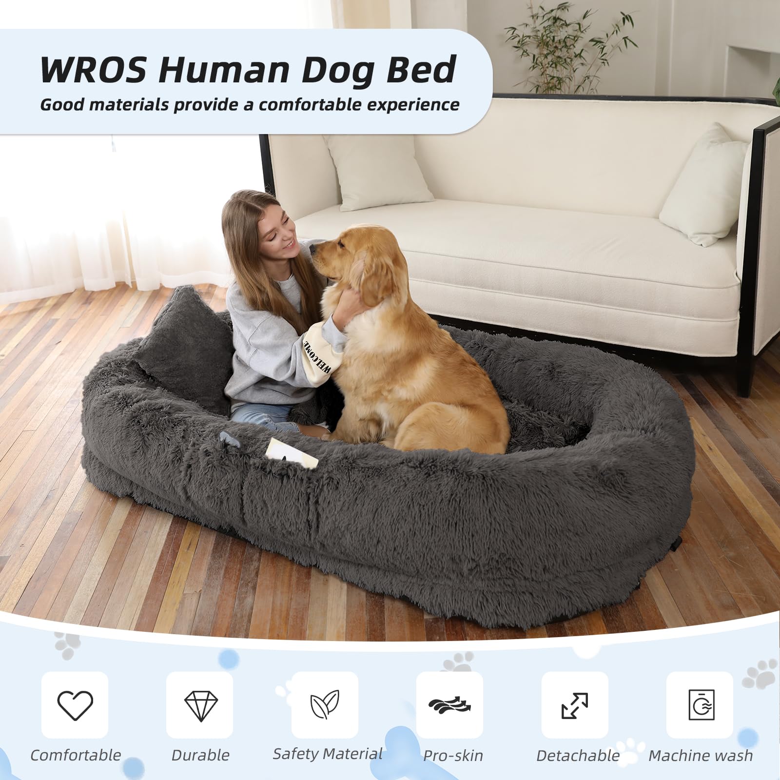 Human Dog Bed, 71''X45''X12'' Size Fits You And Pets, Washable Faux Fur Orthopedic Bed, Plump Pillow, Blanket, Strap - Dark Grey